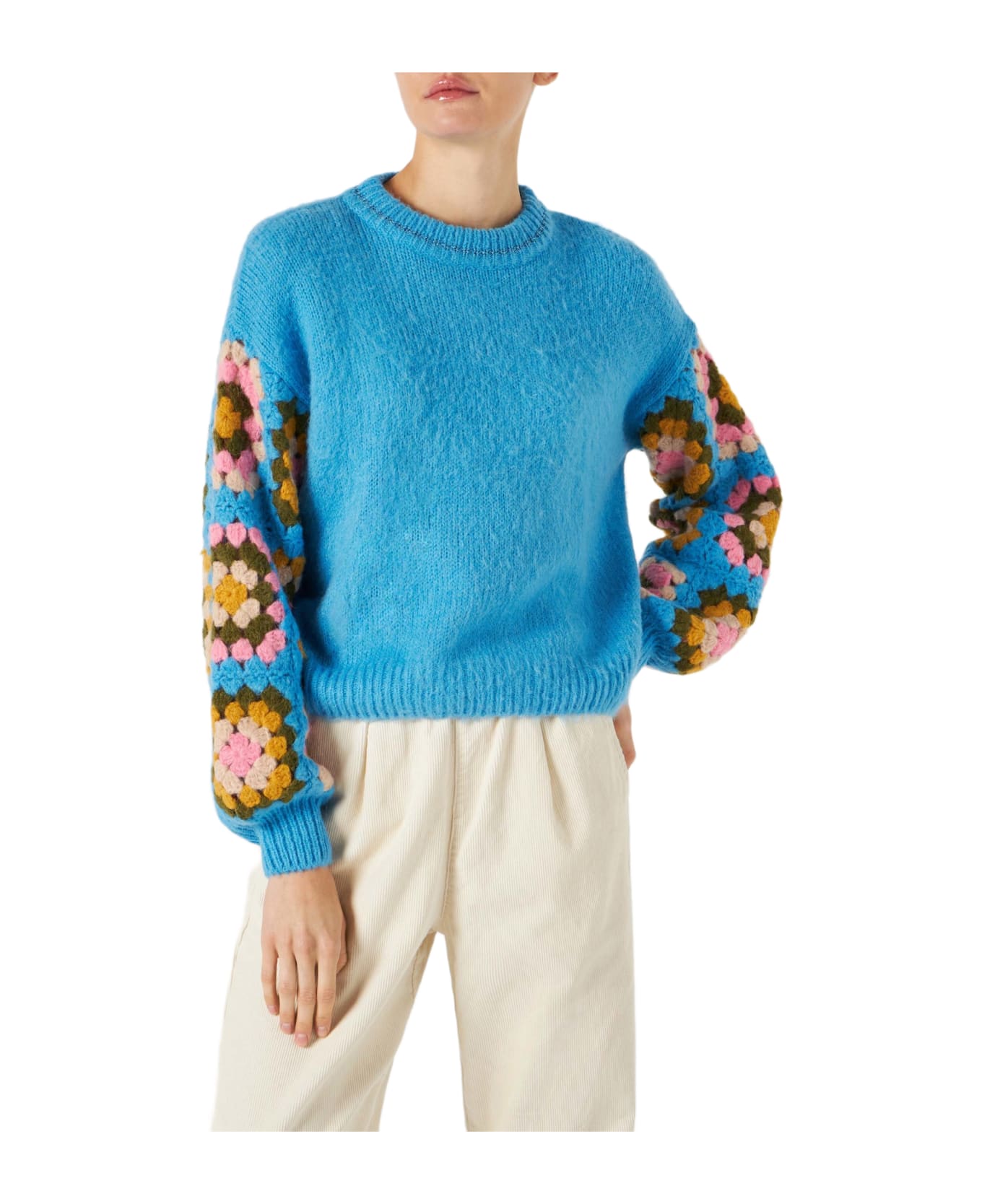 MC2 Saint Barth Woman Ultra Soft Crewneck With Handmade Crochet Sleeves - BLUE