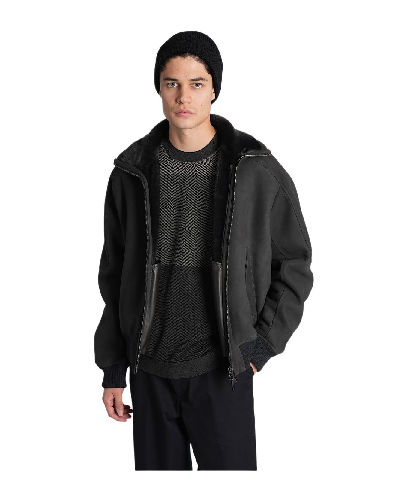 Emporio Armani Leather Jacket In Grey Leather - grey