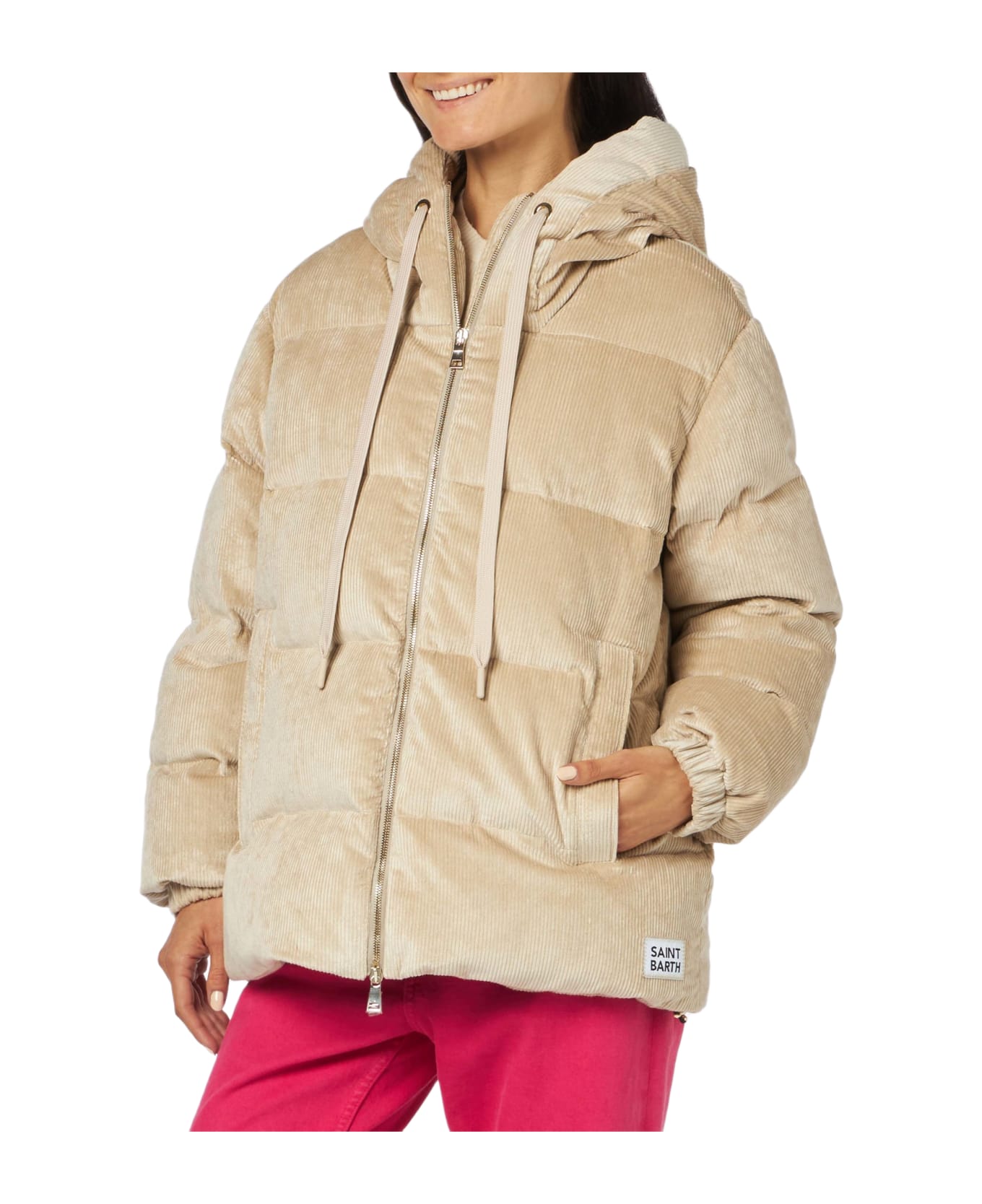 MC2 Saint Barth Woman Beige Corduroy Down Padded Jacket With Hoodie - WHITE