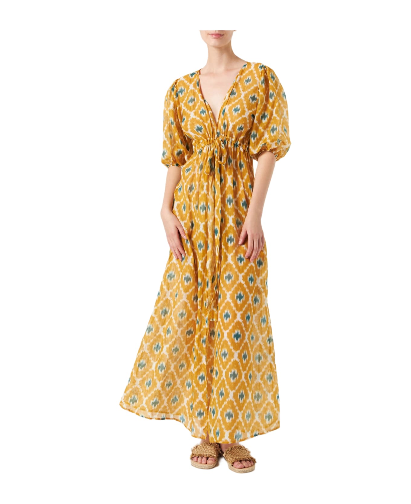 MC2 Saint Barth Cotton And Silk Long Dress Bliss With Geometric Print - YELLOW 水着