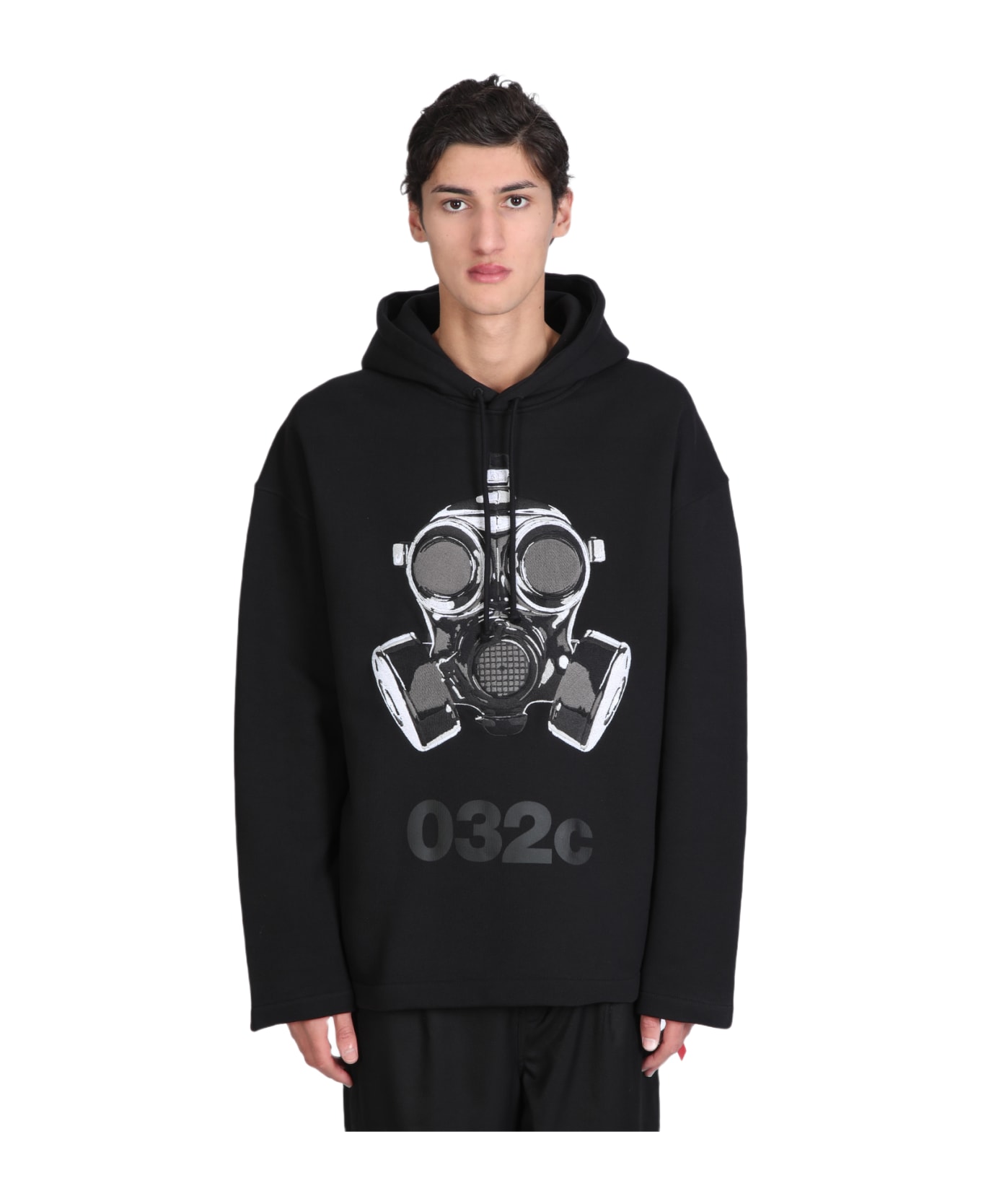 032c Oversized Mask Hoodie Black Cotton Hoodie With Gas Mask Print - Oversized Mask Hoodie - BLACK フリース