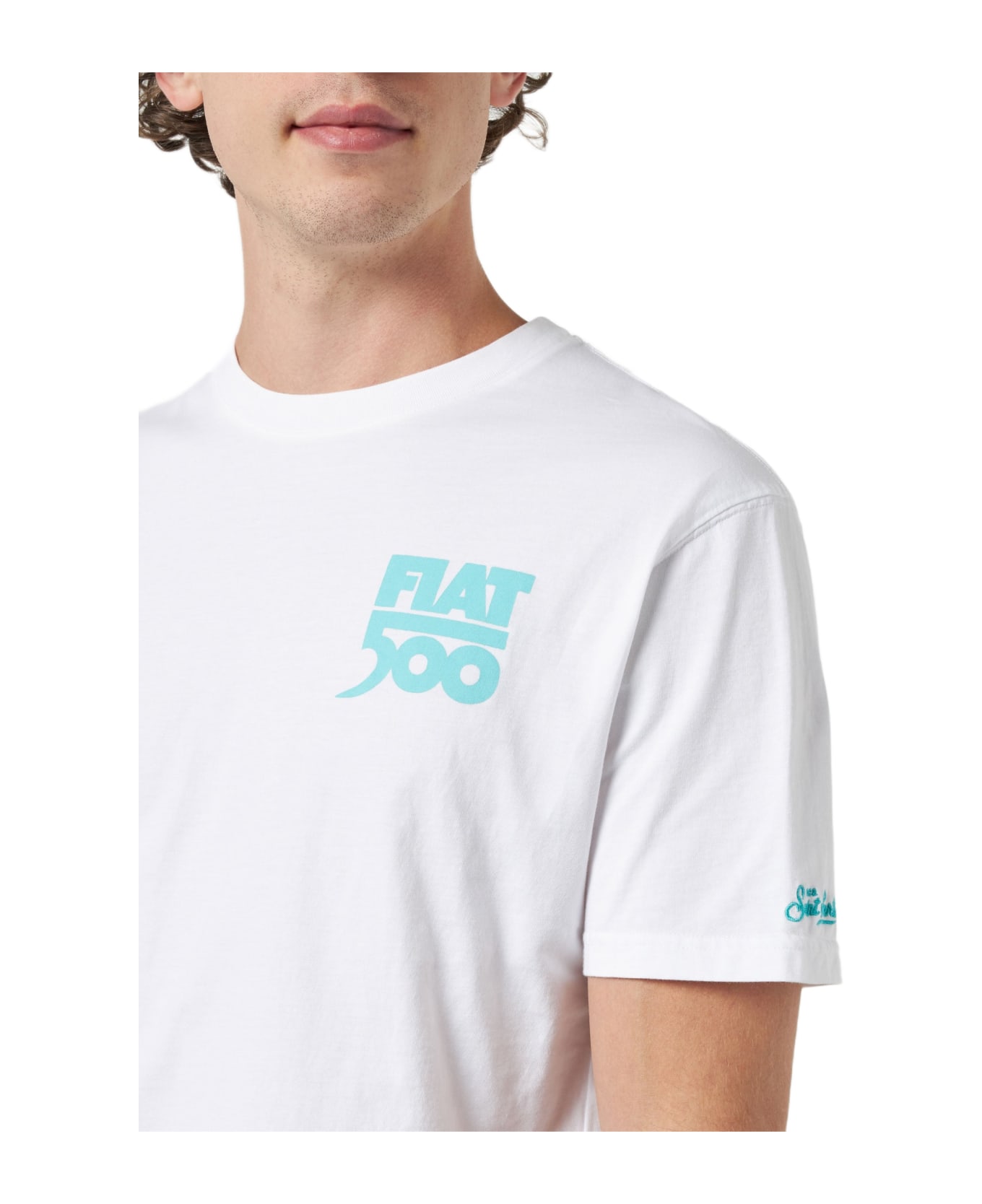 MC2 Saint Barth Man Cotton T-shirt With Spiaggina Front And Back Placed Print | Fiat 500 Special Edition - WHITE