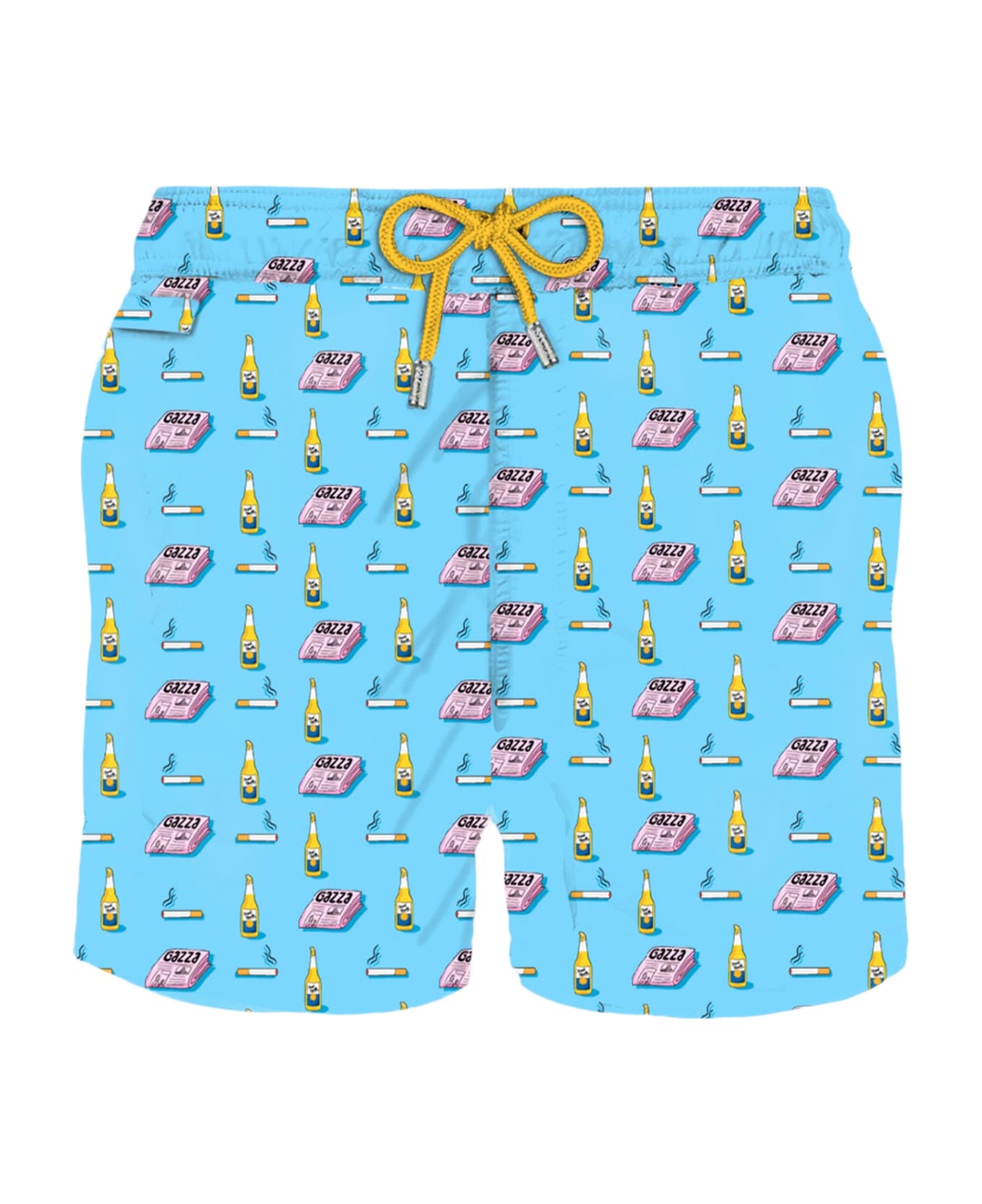 MC2 Saint Barth Man Light Fabric Swim Shorts With Newspaper, Beer And Cigarette Print - CELESTE
