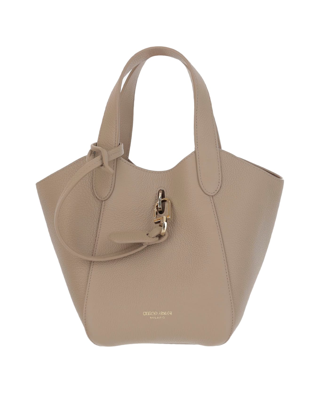 Giorgio Armani Leather Tote Bag With Logo - Beige