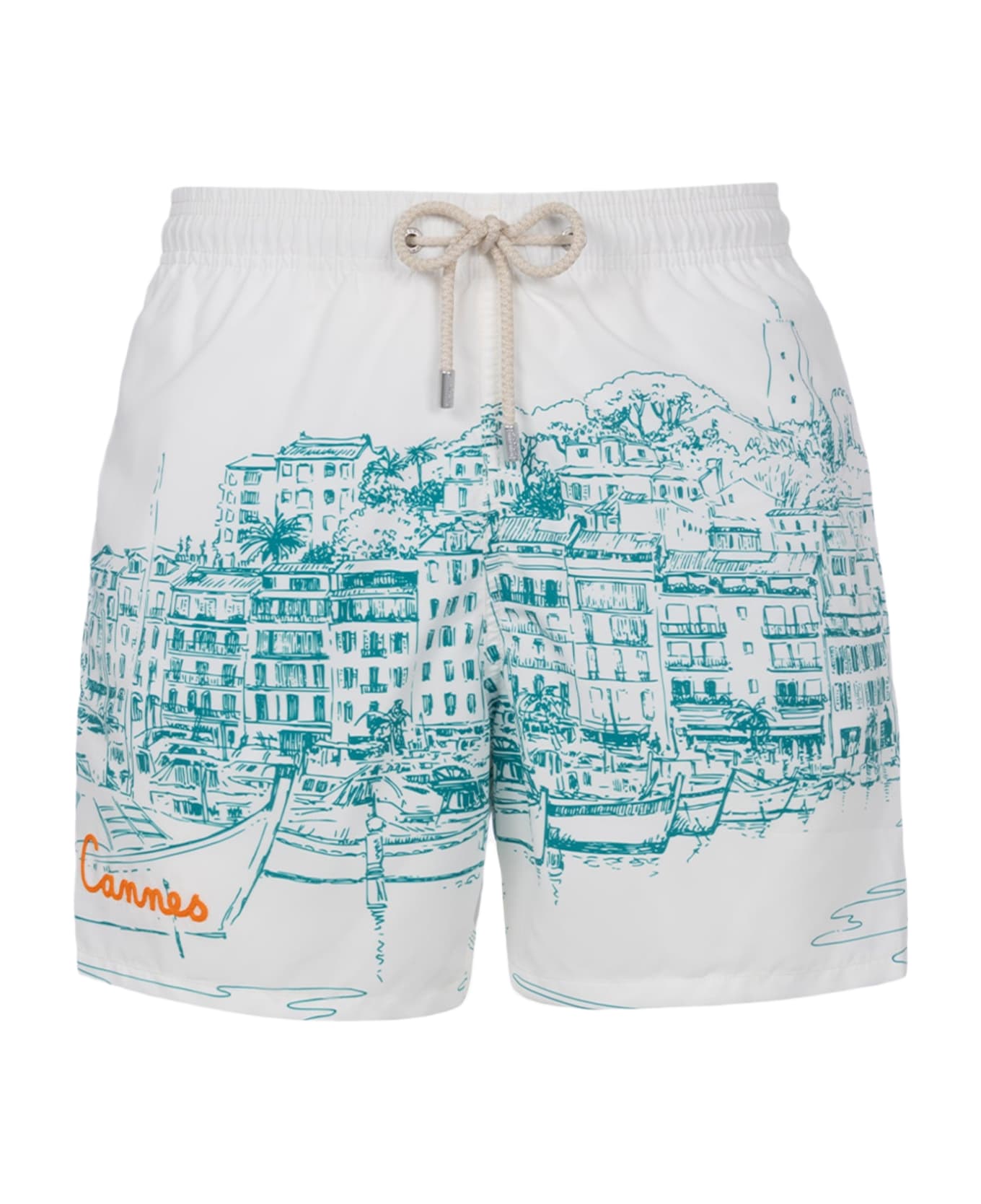 MC2 Saint Barth Man Mid-length Gustavia Swim-shorts With Cannes Placed Print - WHITE
