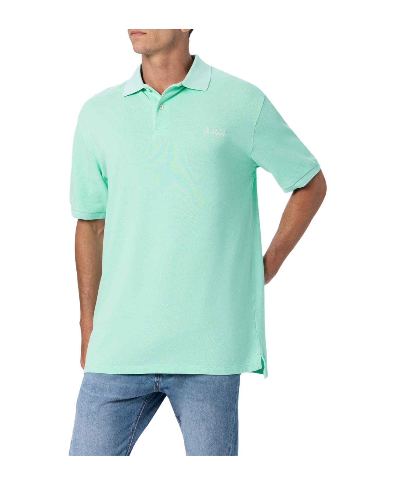 MC2 Saint Barth Man Water Green Cotton Piquet Polo Shirt Beverly Hills - GREEN