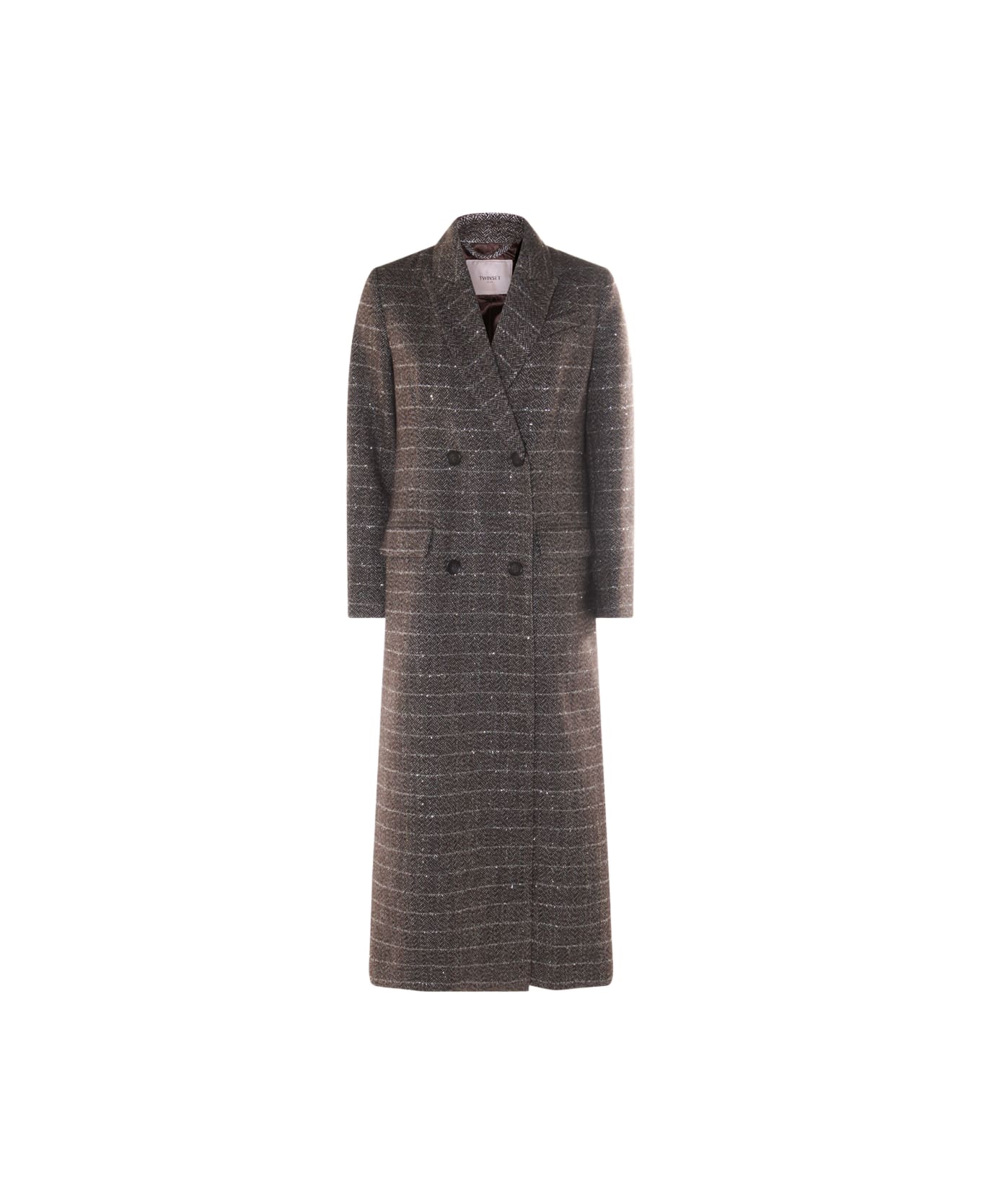 TwinSet Brown Maxi Coat - HERRINGBONE BROWN/GOLD