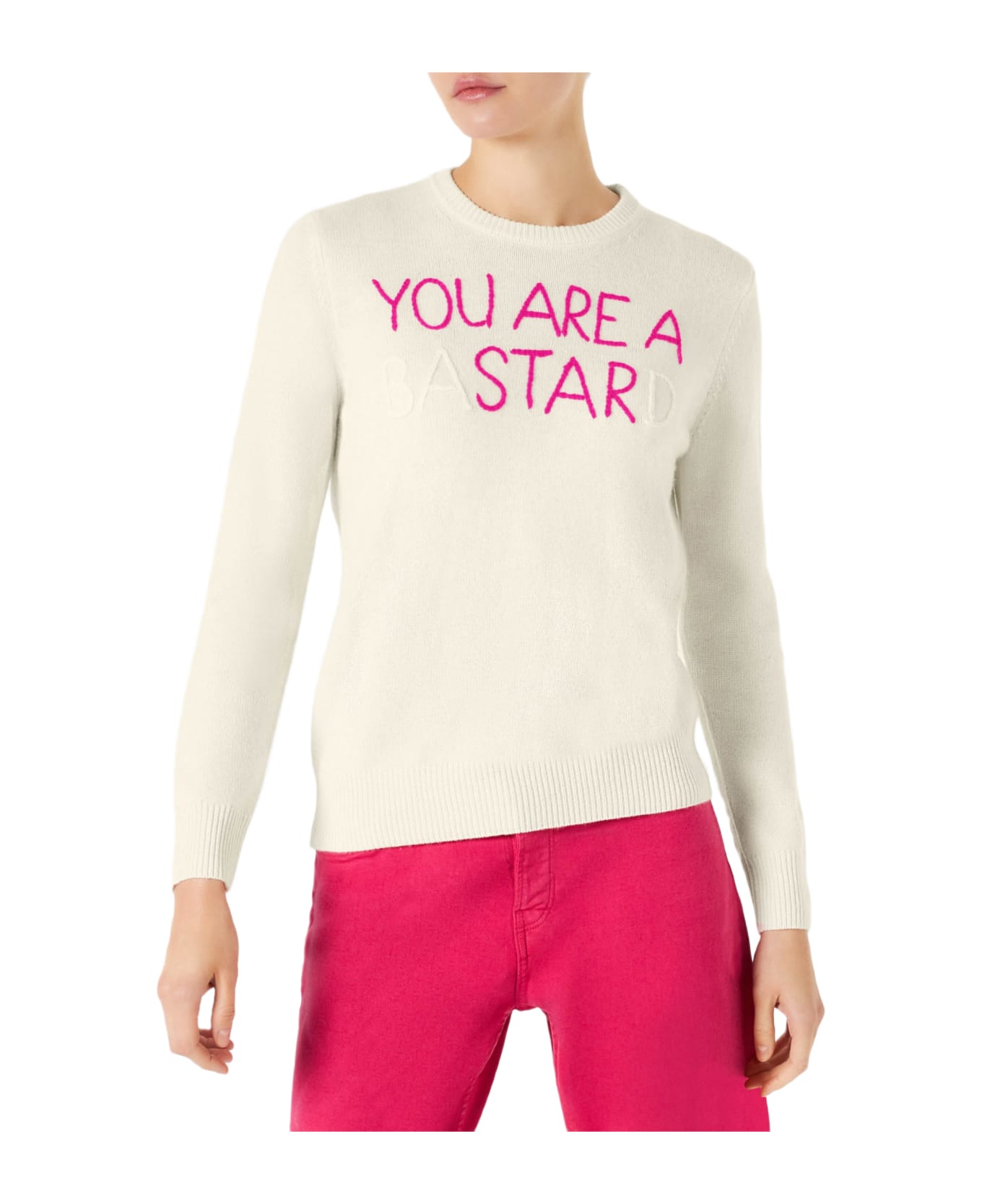 MC2 Saint Barth Woman White Sweater You Are A (ba)star(d) Embroidery - WHITE