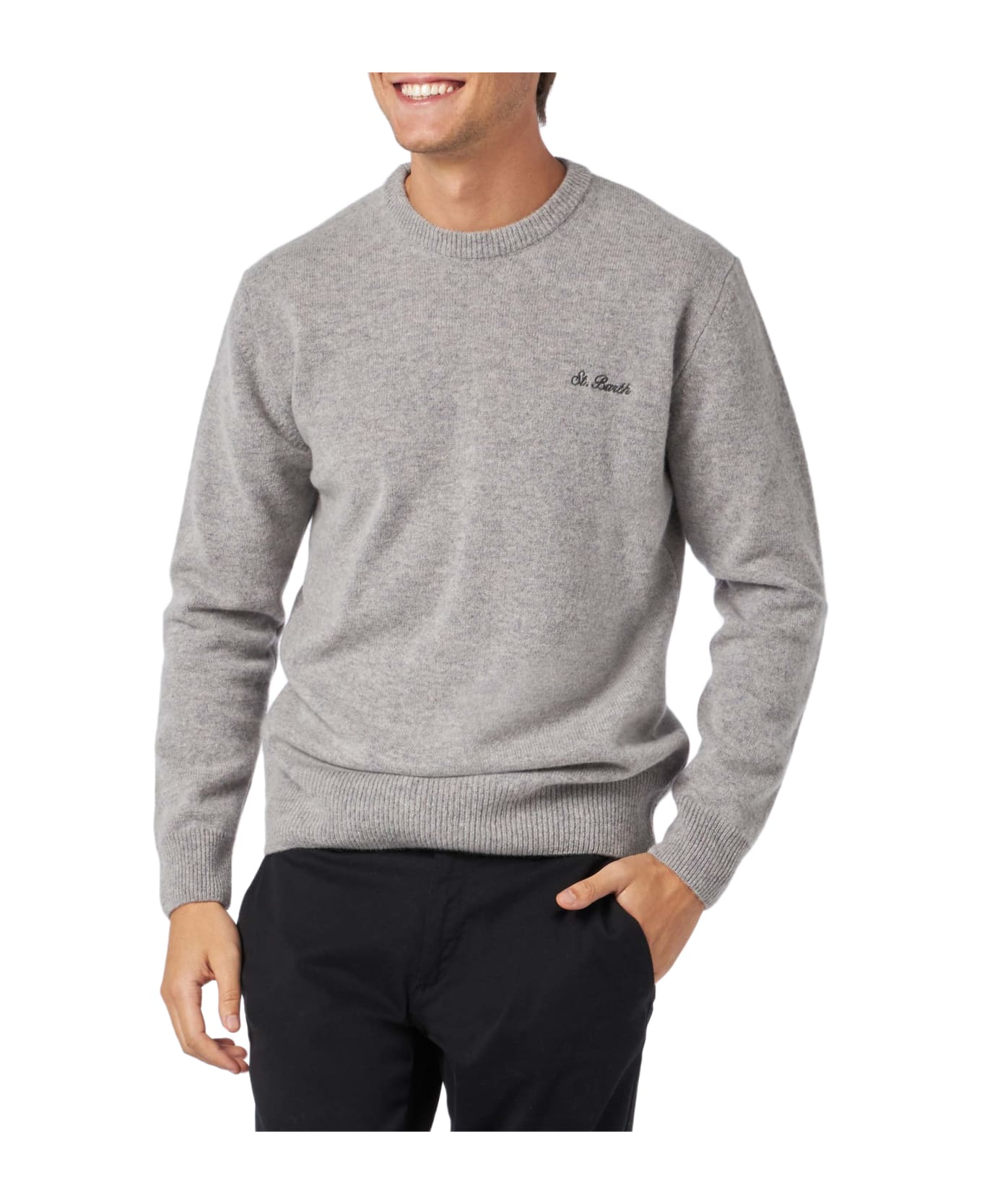 MC2 Saint Barth Man Crewneck Grey Melange Sweater With St. Barth Embroidery - GREY