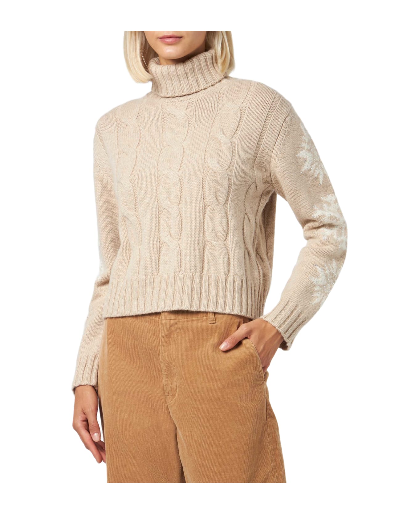MC2 Saint Barth Woman Turtleneck Braided Sweater With Snowflake Rhinestones - BROWN