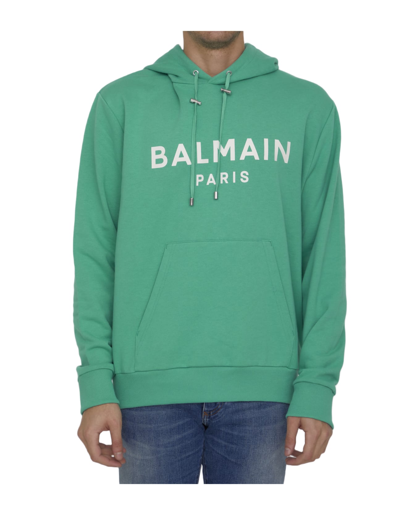 Balmain Aqua Green Hoodie With Logo - GREEN
