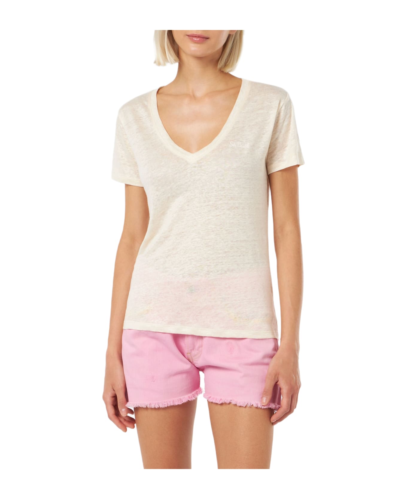 MC2 Saint Barth Linen Jersey Off-white V-neck T-shirt Eloise - WHITE