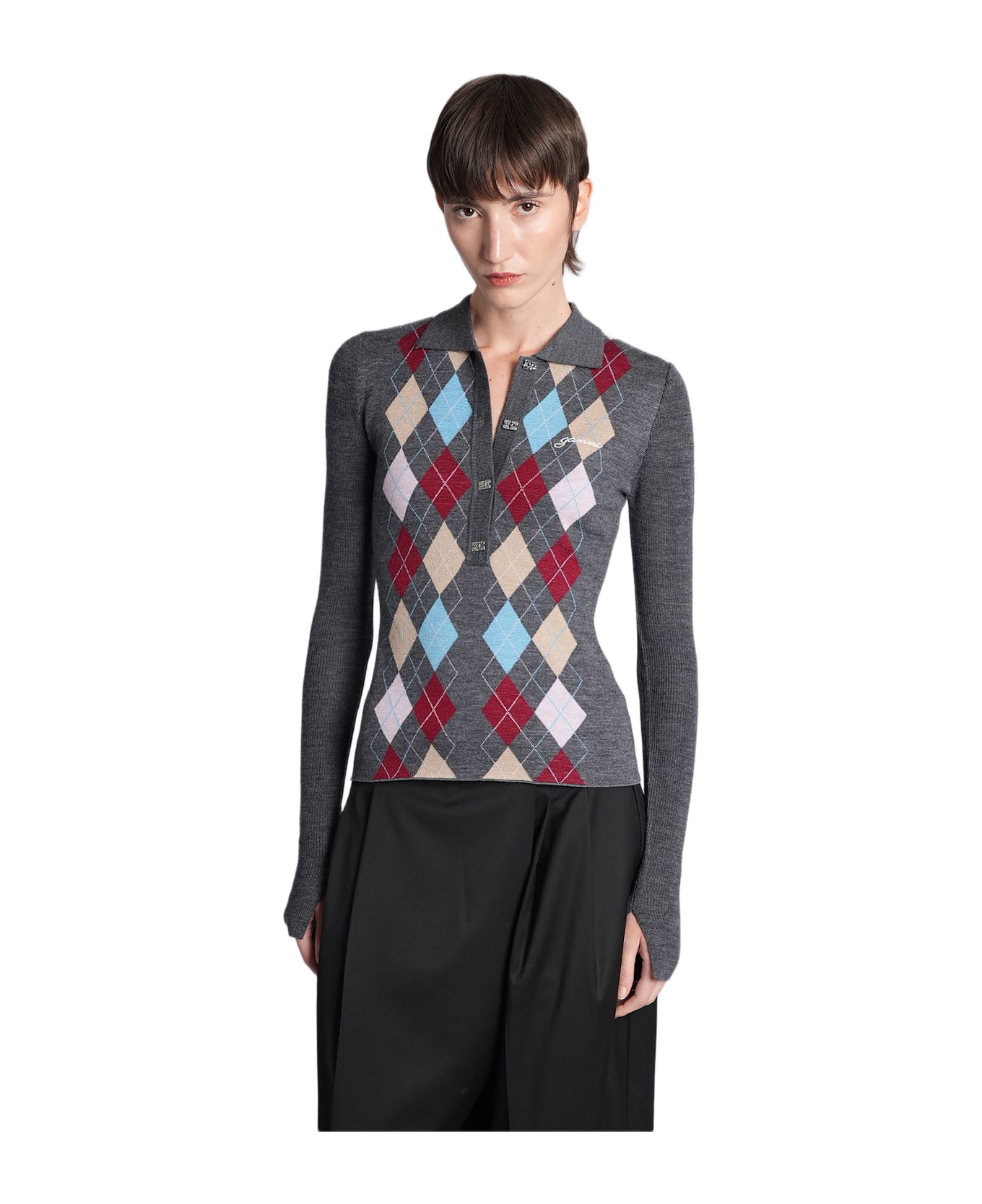 Ganni Polo In Grey Wool - grey