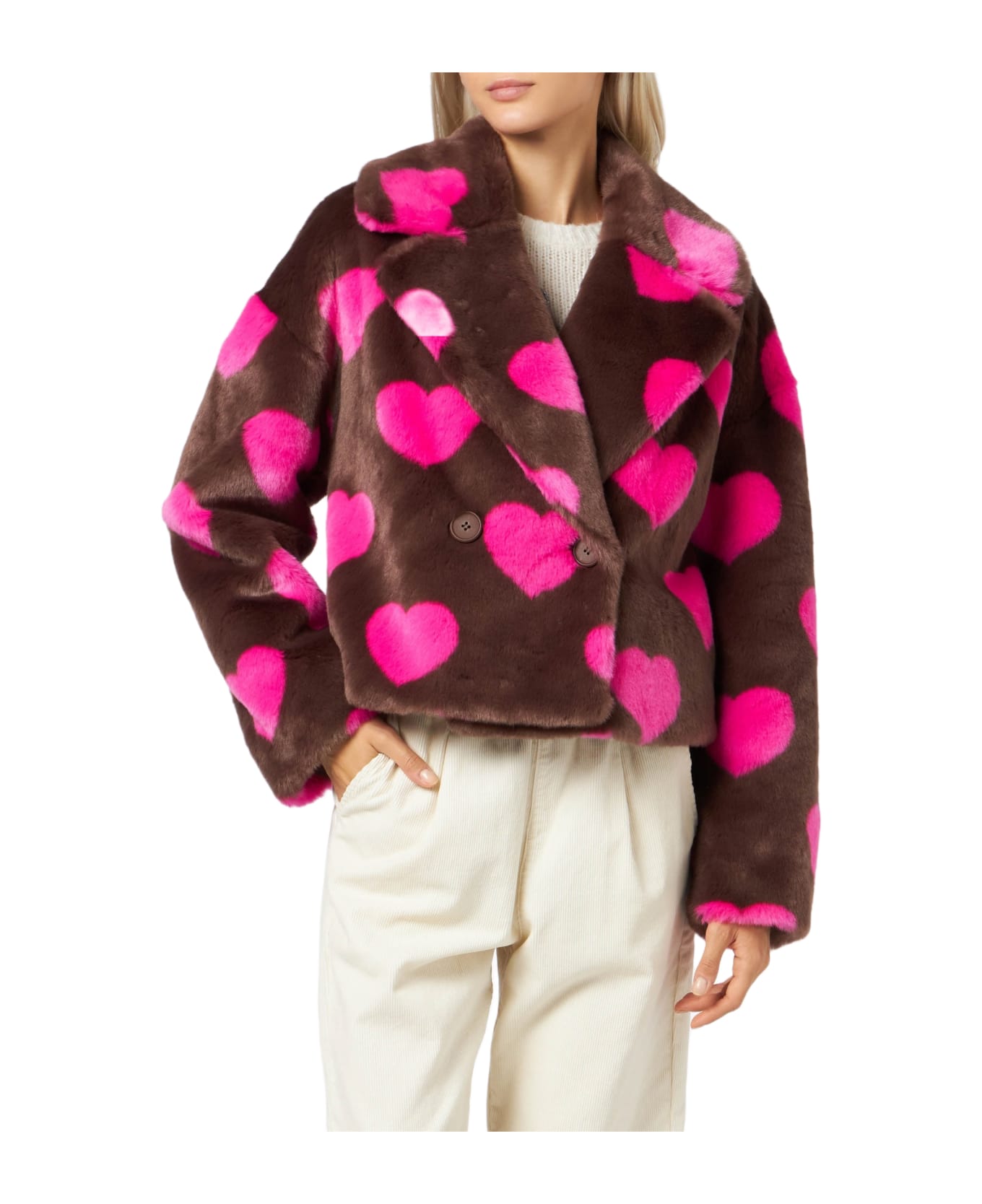 MC2 Saint Barth Woman Furry Short Jacket With Heart Print - BROWN