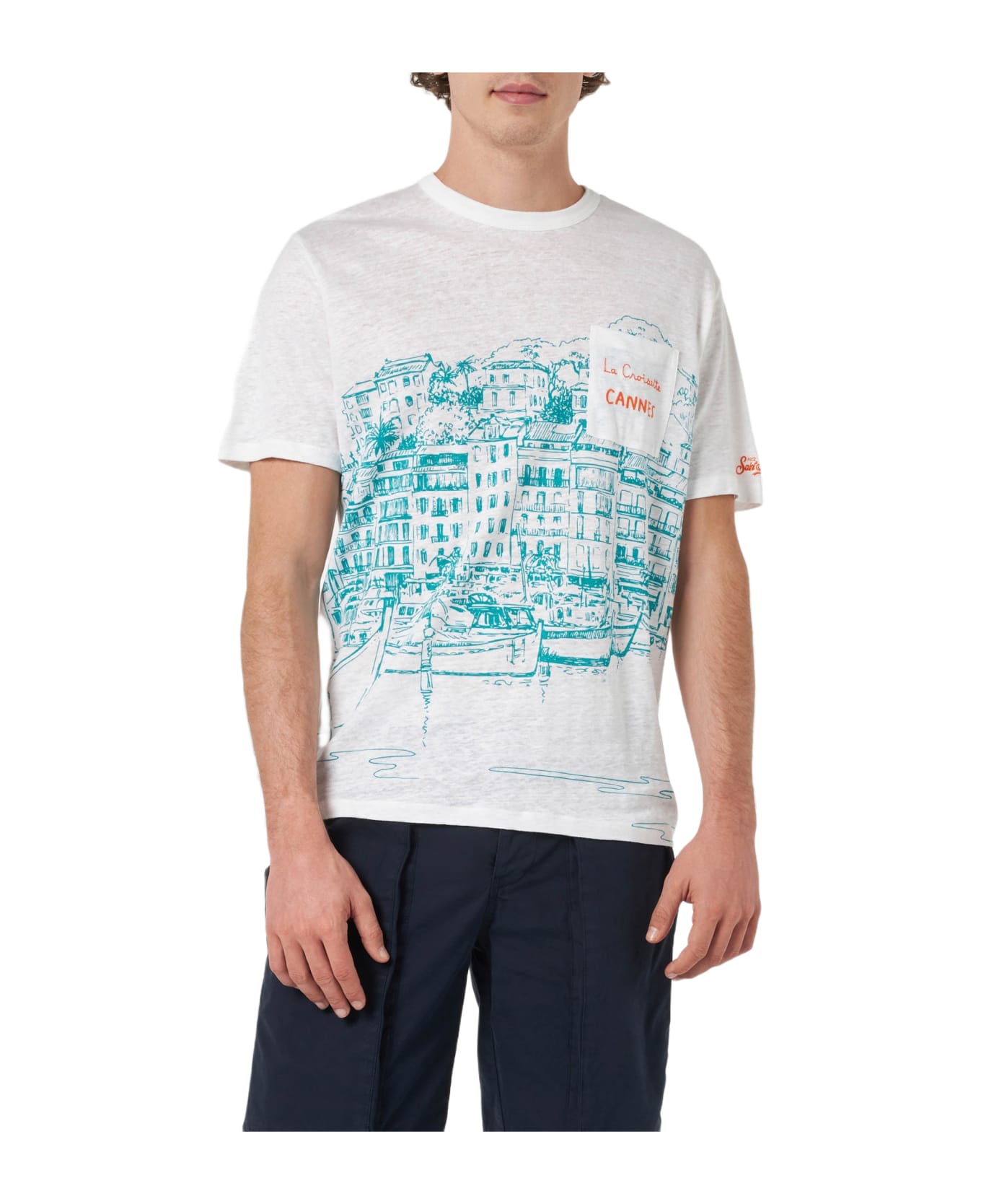 MC2 Saint Barth Man Linen Jersey T-shirt Ecstasea With Cannes Placed Print And Embroidered Pocket - WHITE