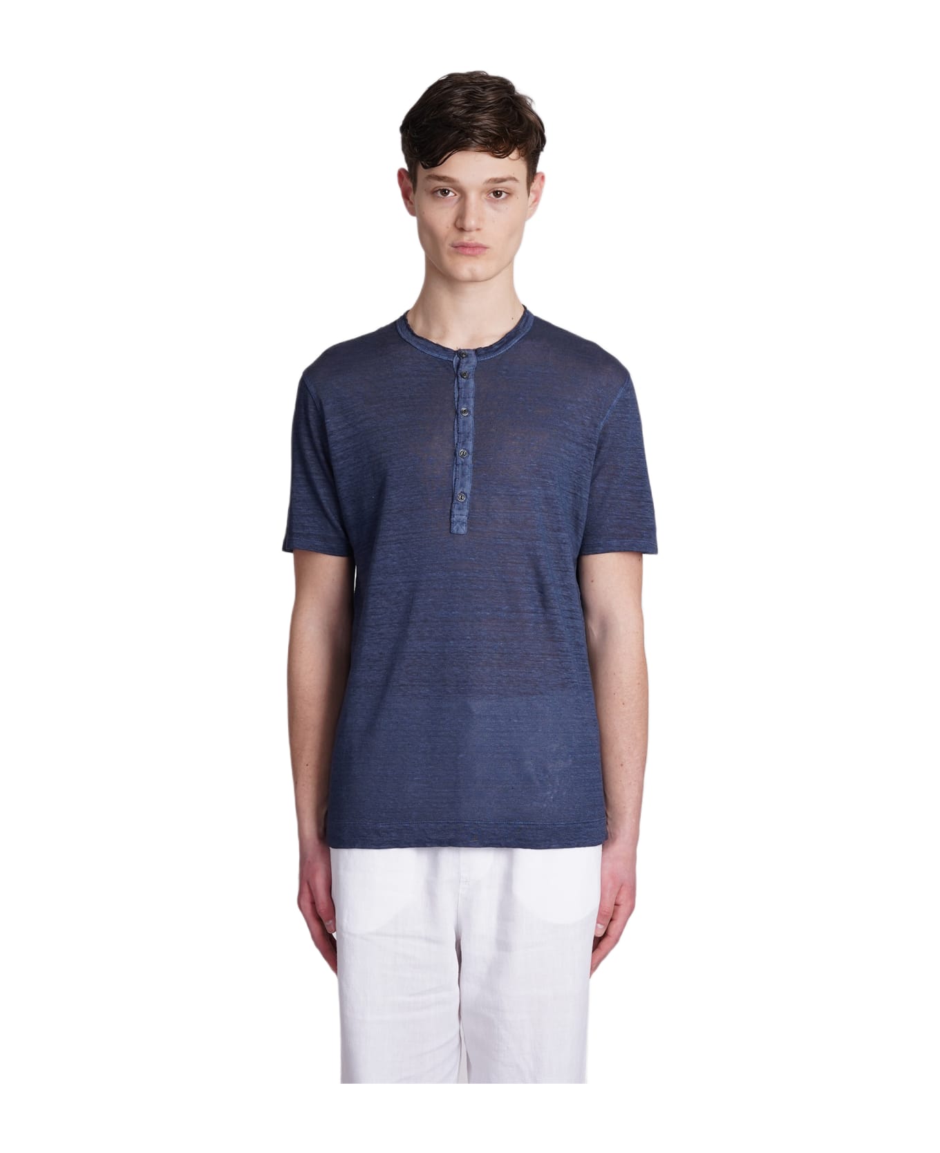 120% Lino T-shirt In Blue Linen - blue シャツ