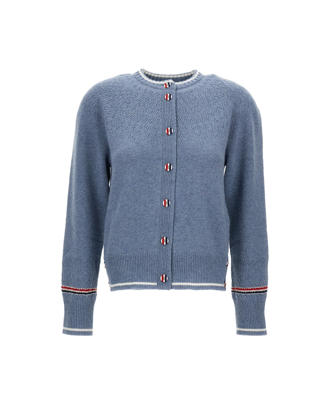 Thom Browne Crew Neck Cardigan In Wool - Clear Blue