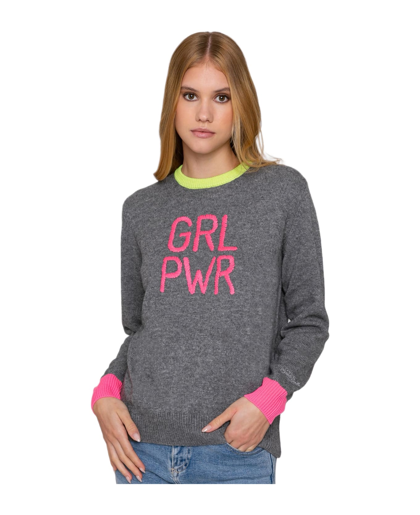 MC2 Saint Barth Woman Grey Sweater Girl Pwr Fluo Embroidery And Fluo Details - GREY