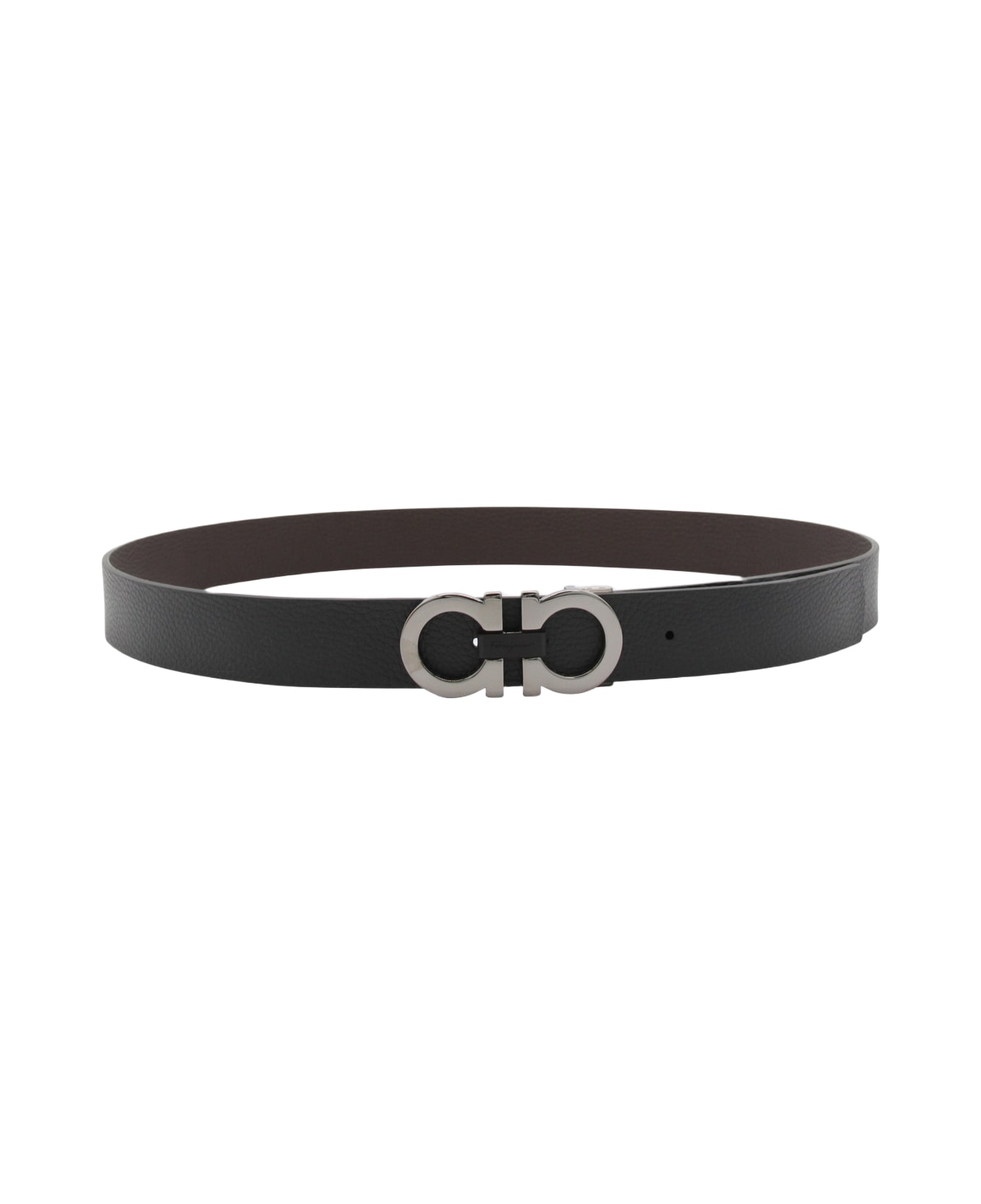 Ferragamo Black And Silver Leather Gancini Belt - NERO || HICKORY