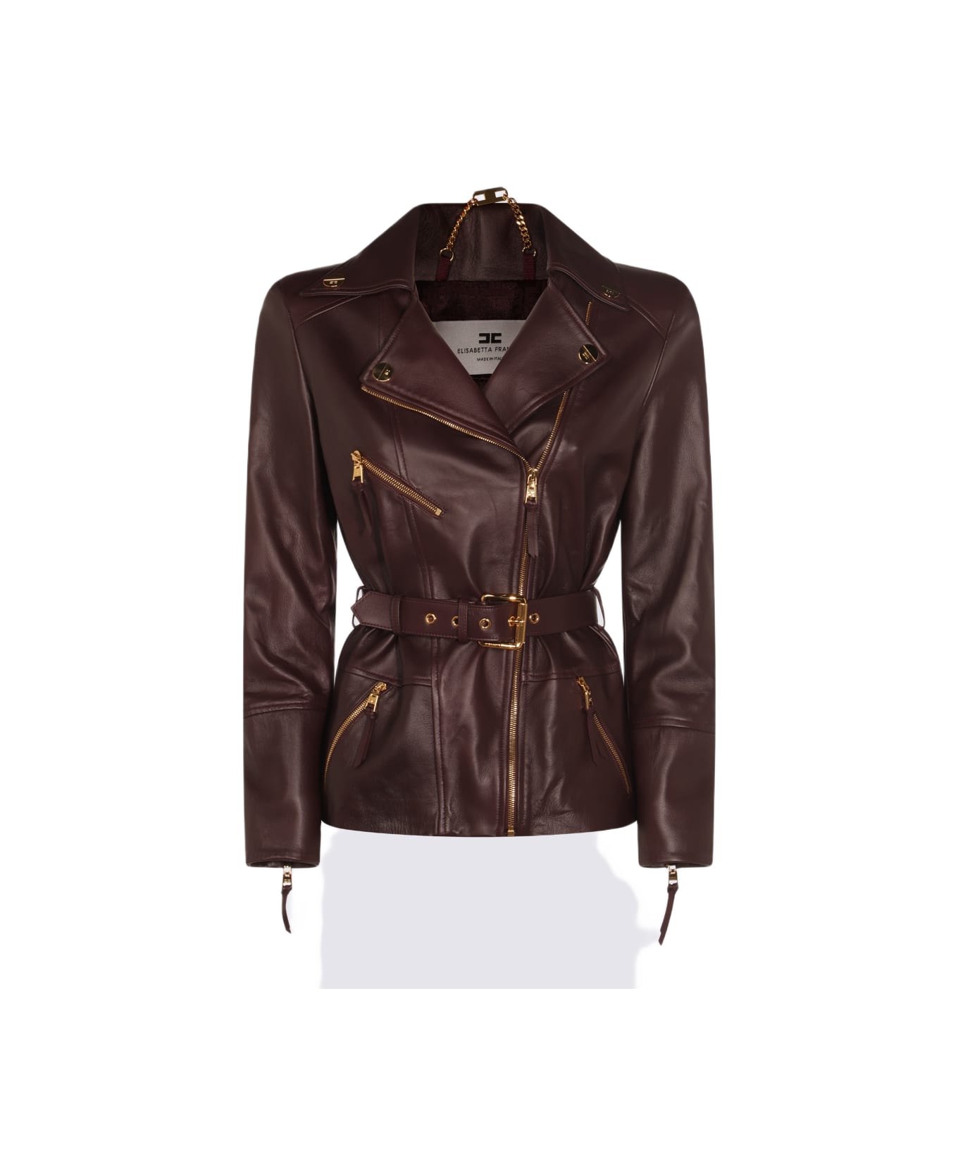 Elisabetta Franchi Brown Leather Jacket - MERLOT