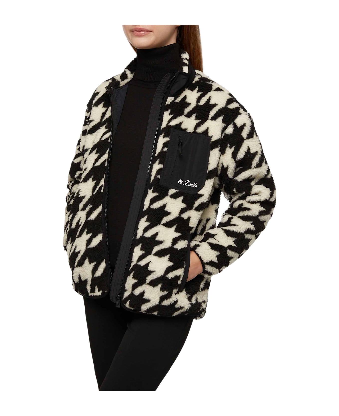 MC2 Saint Barth Teddy-fleece Jacket Keystone With Pied De Poule Print - BLACK