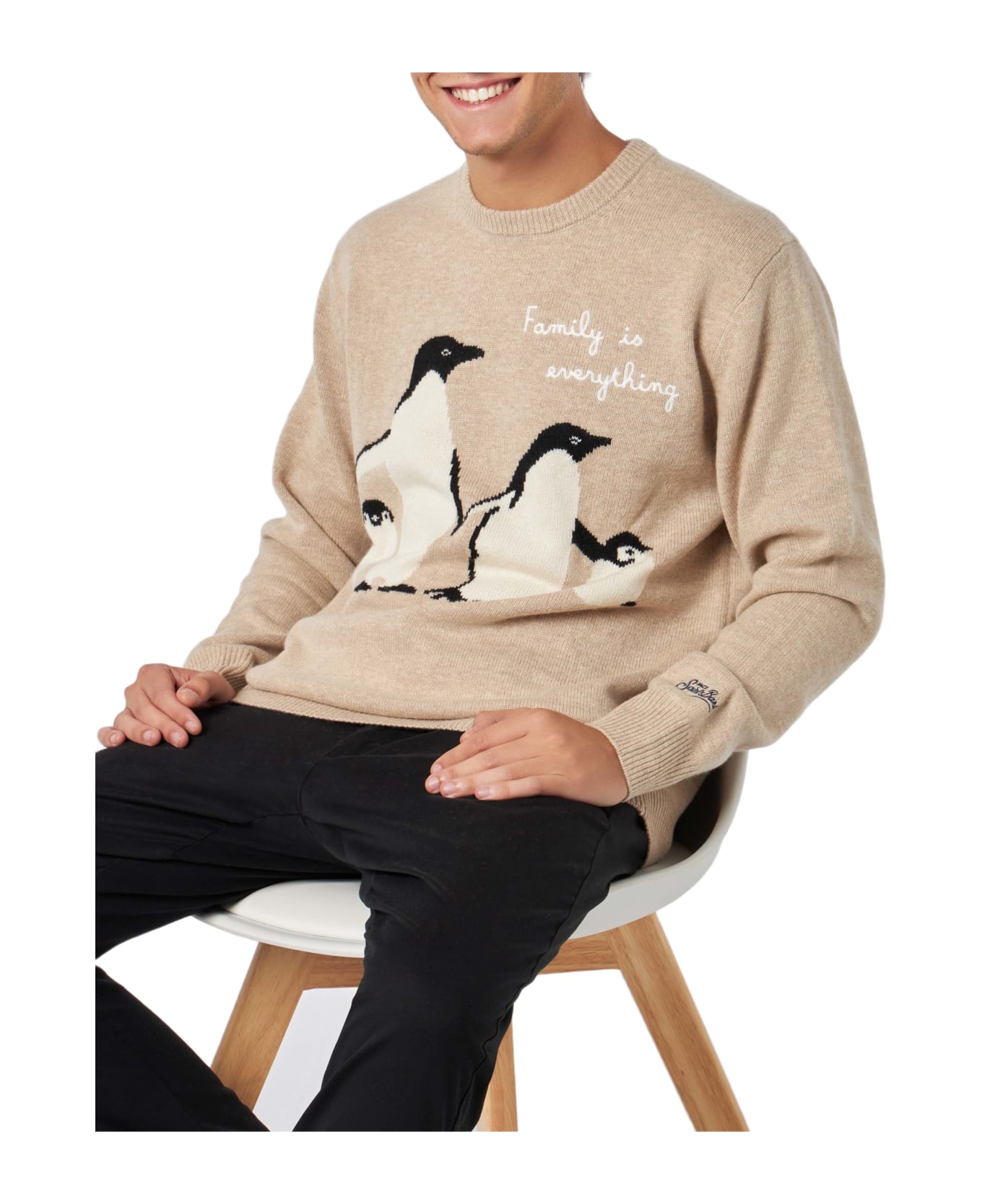 MC2 Saint Barth Man Sweater With Penguins Print And Family Is Everything Embroidery - BEIGE