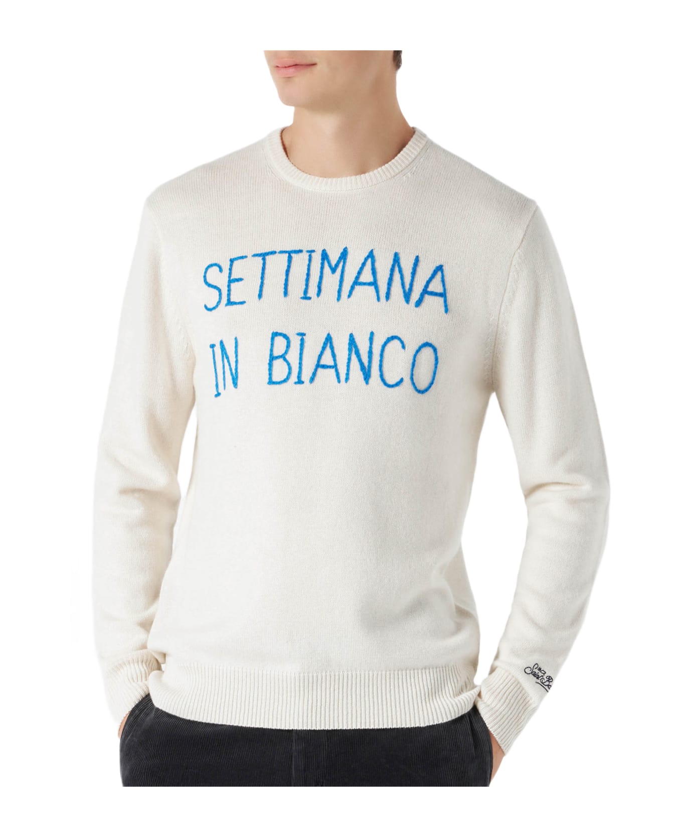 MC2 Saint Barth Man White Sweater With Settimana In Bianco Embroidery - WHITE