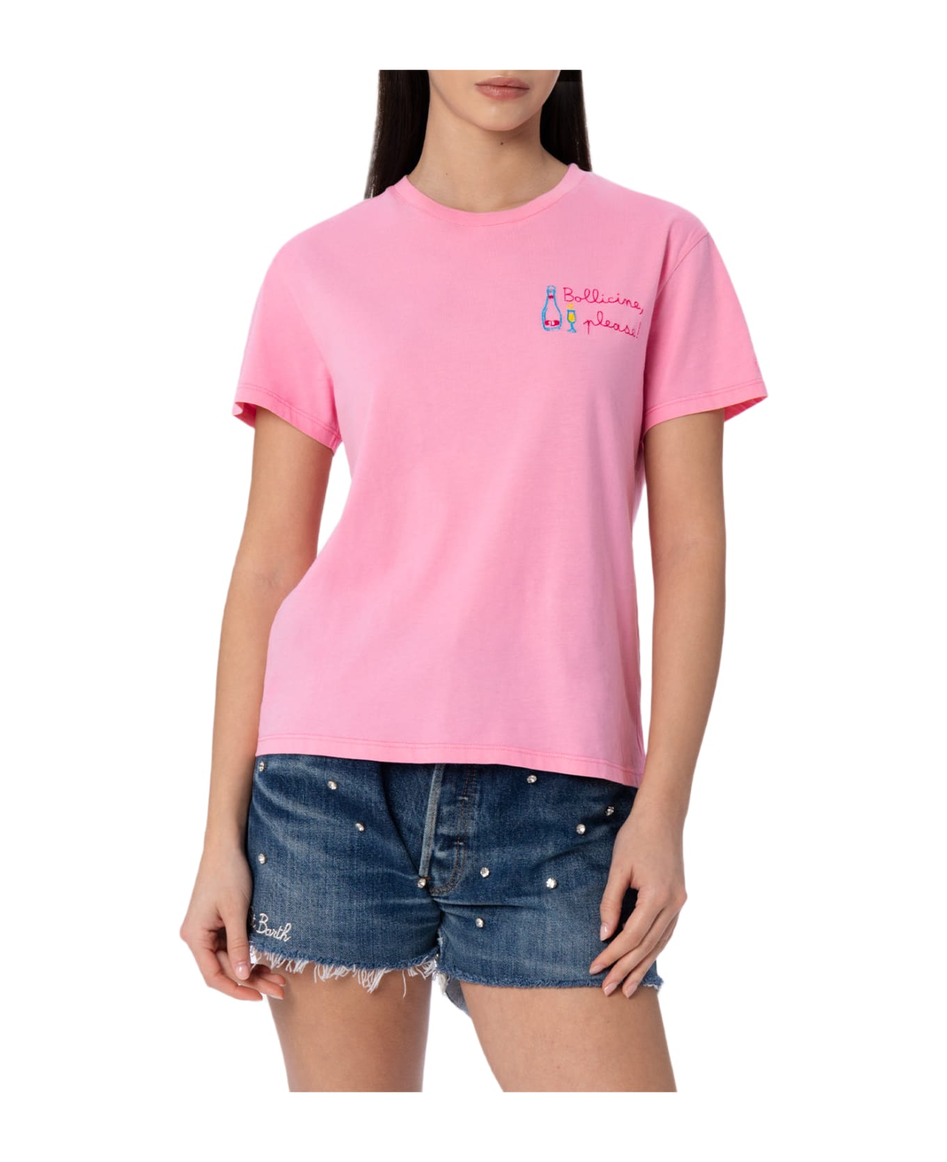 MC2 Saint Barth Woman Pink Cotton Jersey Crewneck T-shirt Emilie With Bollicine, Please Embroidery - PINK