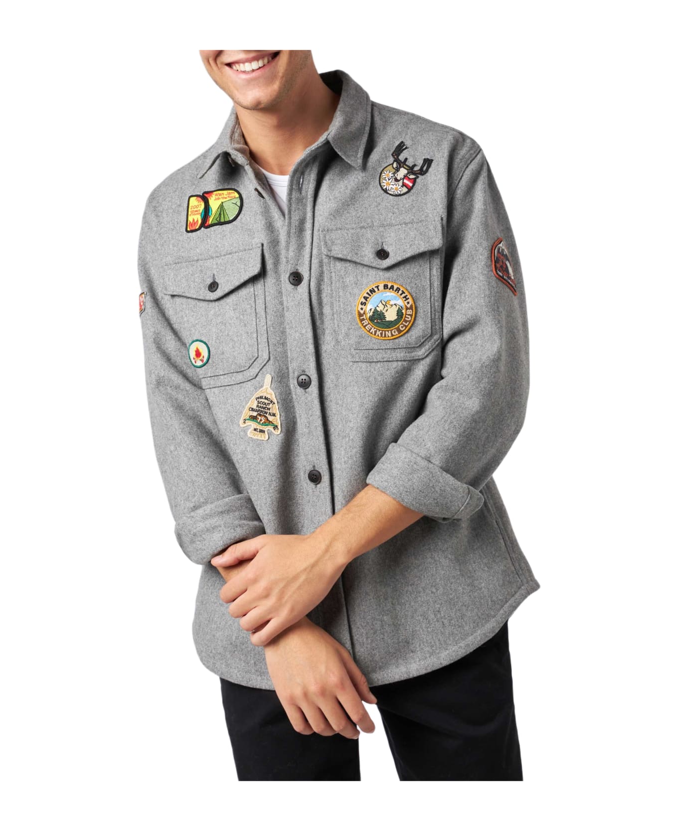 MC2 Saint Barth Man Wooly Grey Overshirt With Pockets And Patches - GREY