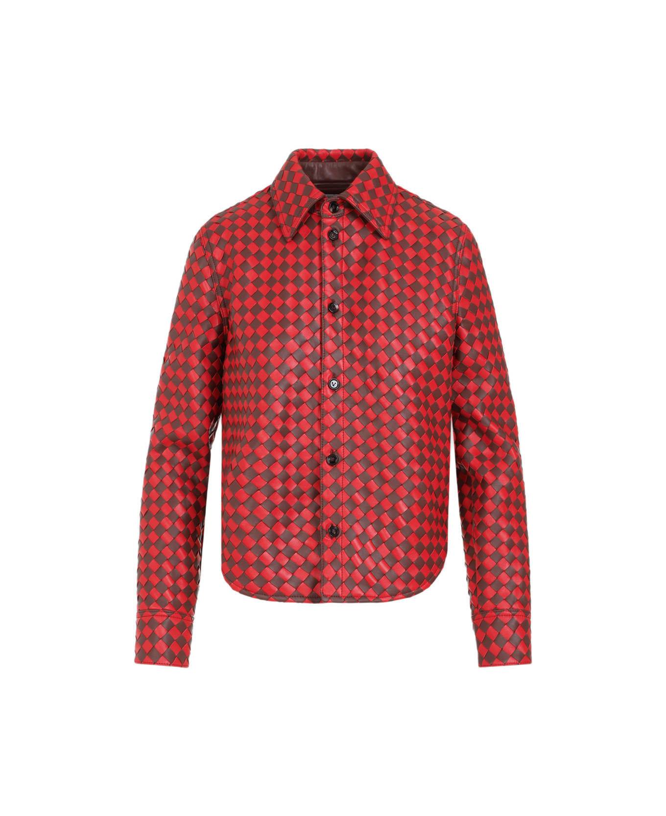 Bottega Veneta Bicolor Intrecciato Leather Shirt - Brown Berry Scarlett