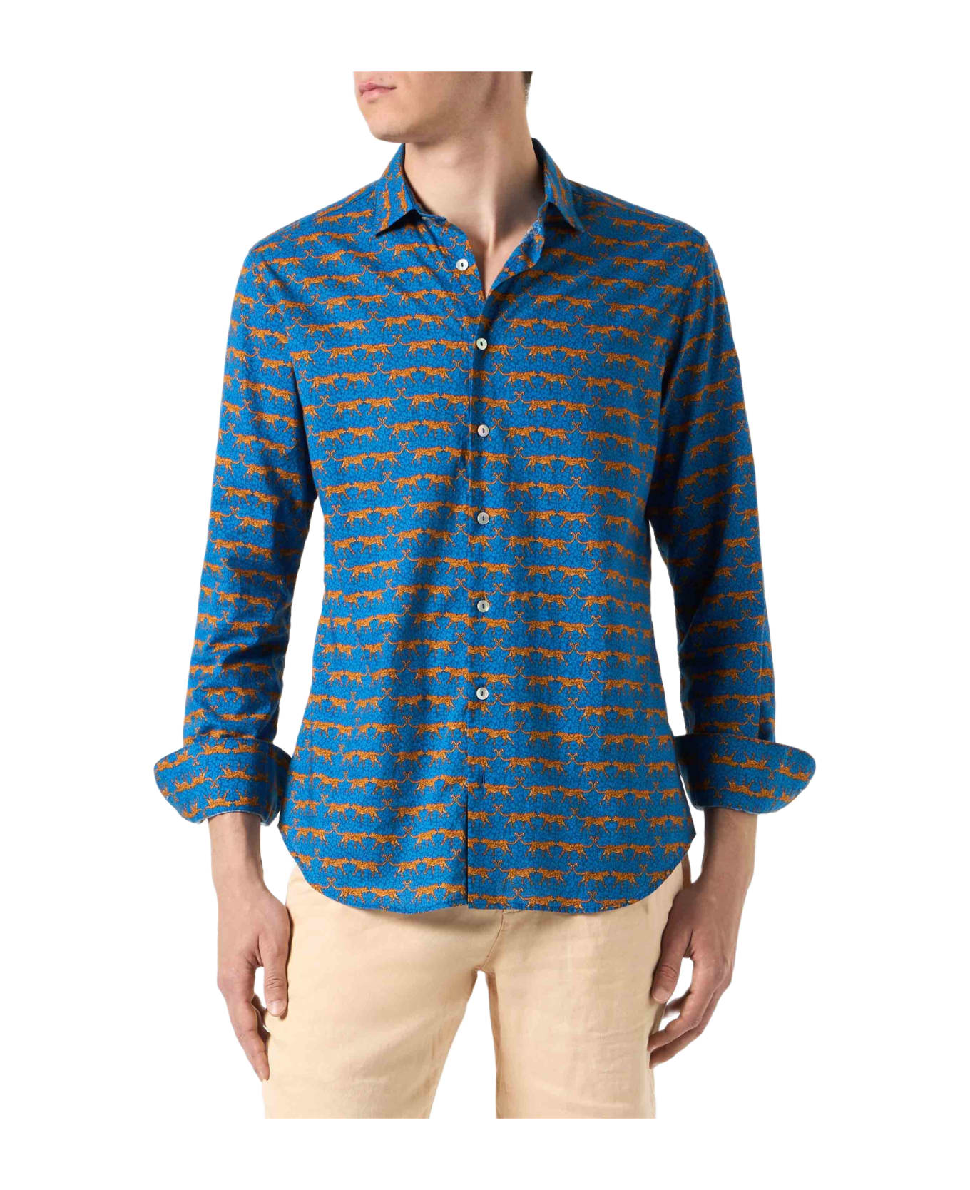 MC2 Saint Barth Man Muslin Cotton Sikelia Shirt With Wild Cat Print - BLUE シャツ