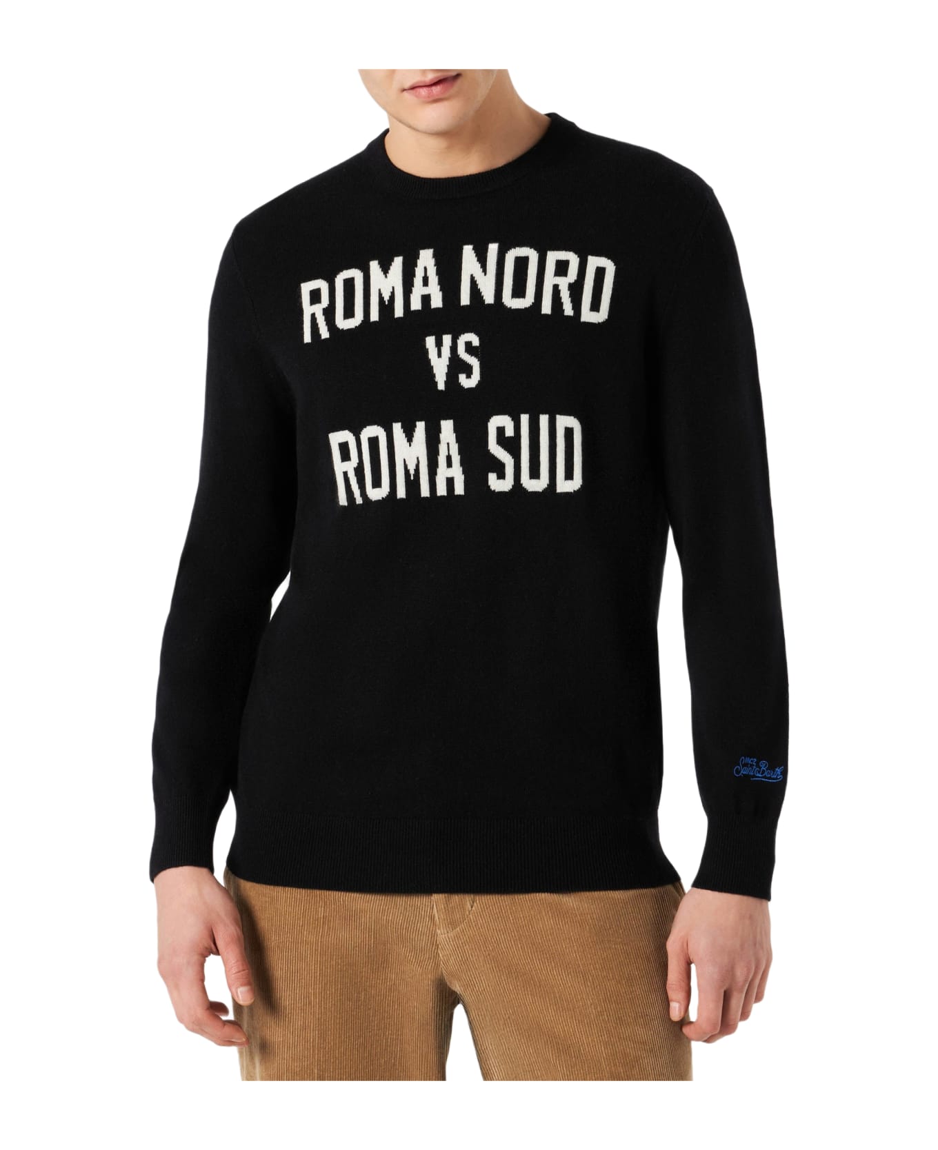 MC2 Saint Barth Man Lightweight Sweater Roma Nord Vs Roma Sud Jacquard Print - BLACK