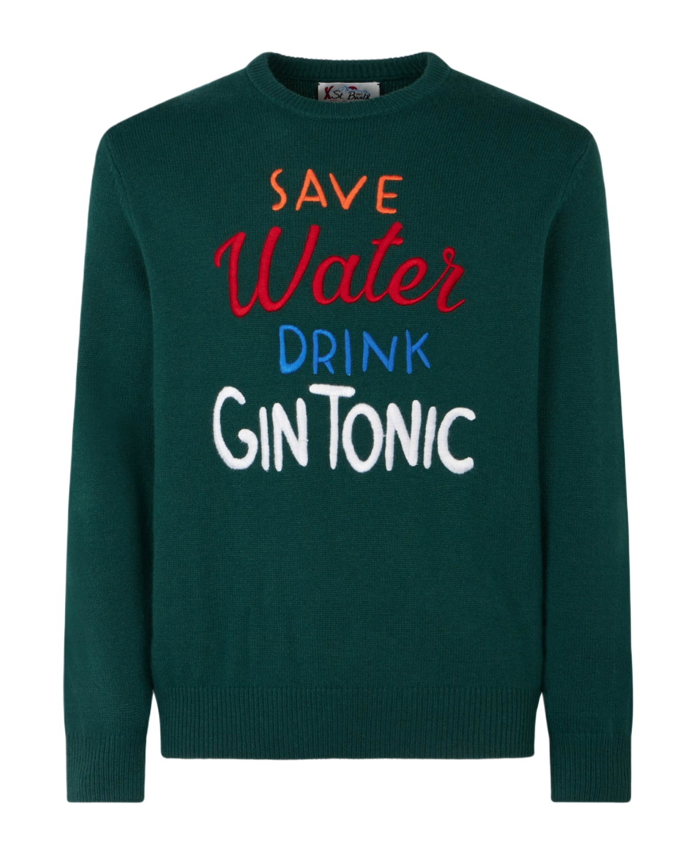 MC2 Saint Barth Man Crewneck Sweater With Save Water Drink Gin Tonic Embroidery - GREEN ニットウェア