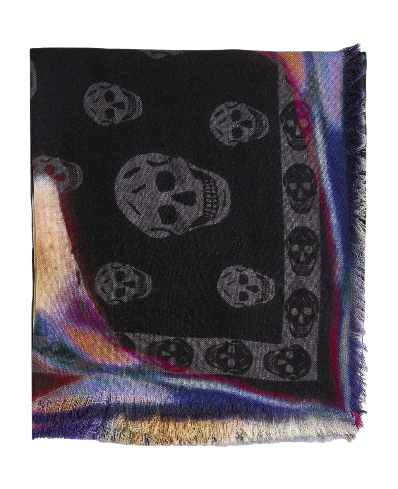 Alexander McQueen Skull And Floral Print Wool Scarf - Nero e Avorio