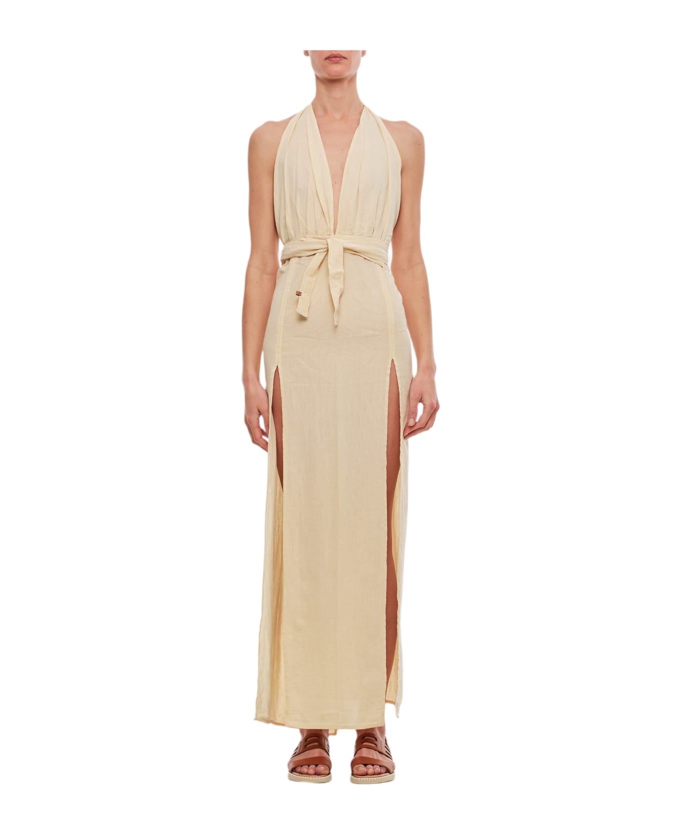 Caravana Tacoh Cotton Long Dress With Slits - Beige