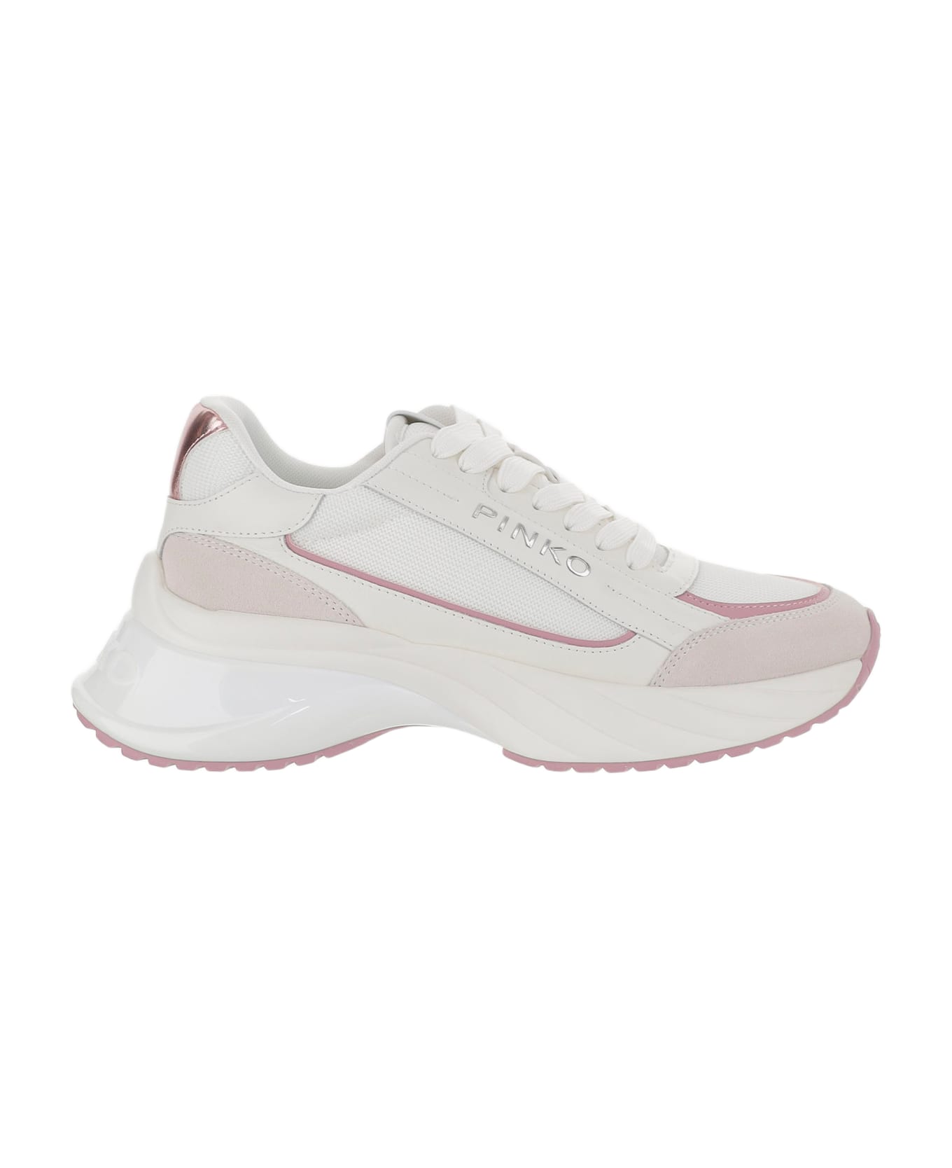 Pinko Mesh And Leather Sneakers With Logo - White