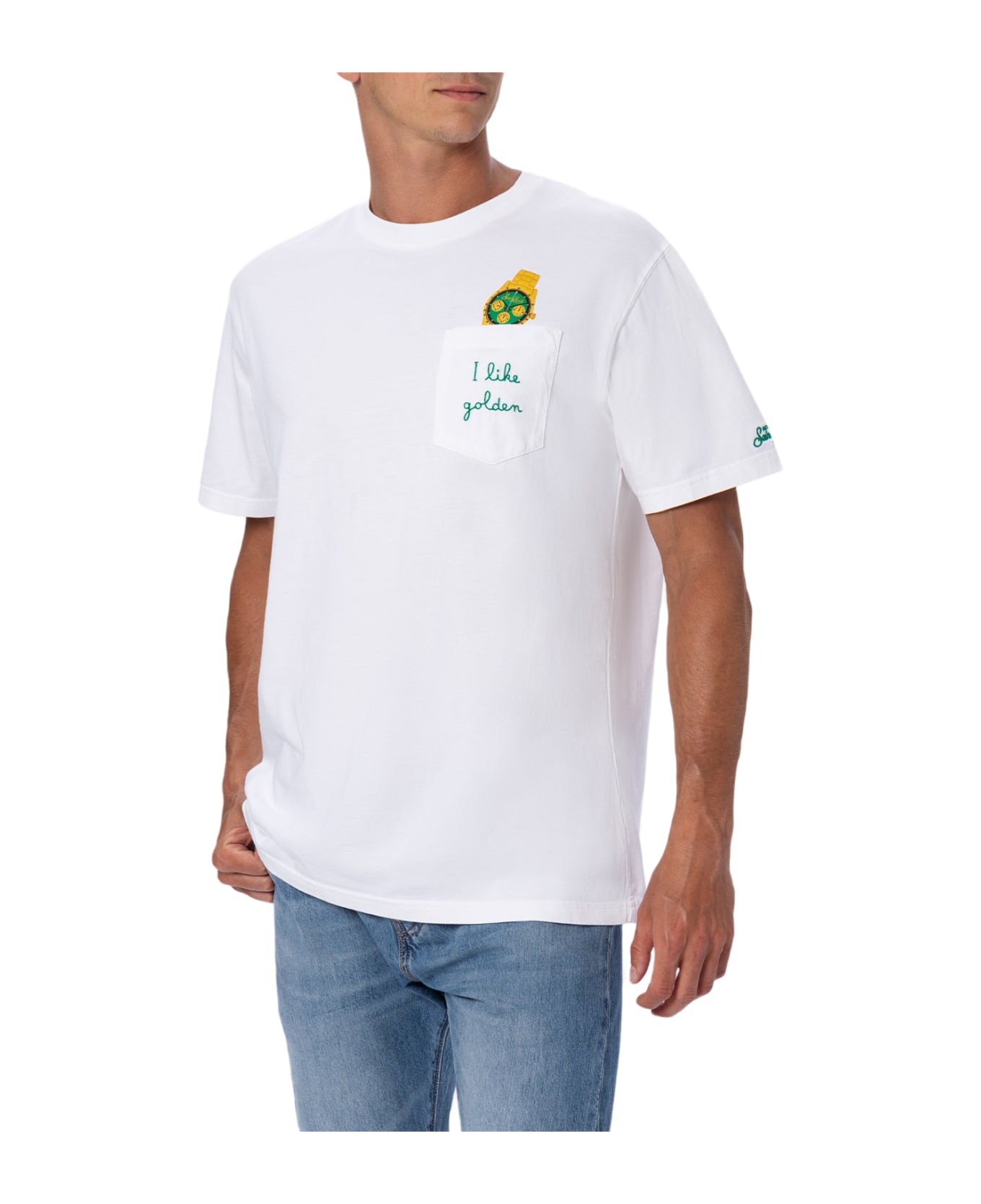 MC2 Saint Barth Man Cotton T-shirt Austin With Watch Print And Embroidery - WHITE