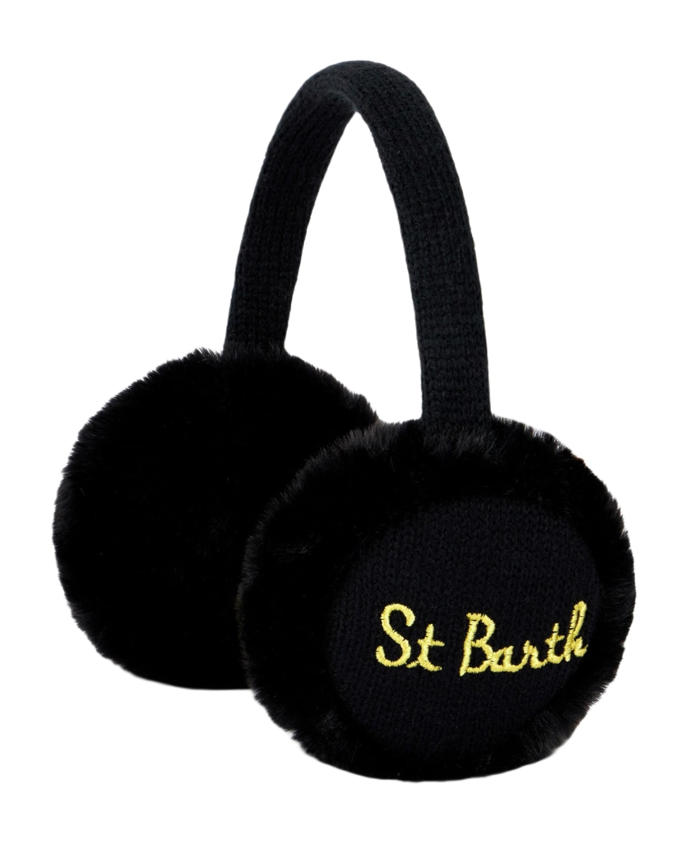 MC2 Saint Barth Woman Black Tricot Earmuffs With Furry Details - BLACK