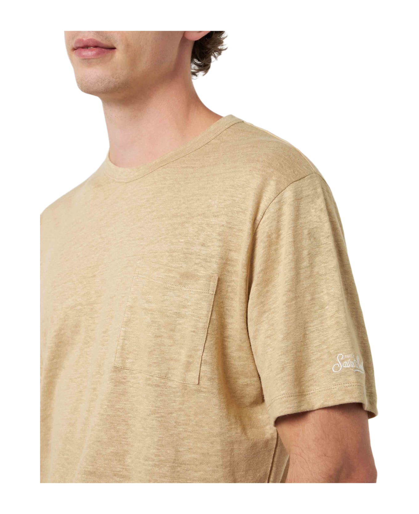 MC2 Saint Barth Man Beige Linen Jersey T-shirt Ecstasea With Pocket - WHITE