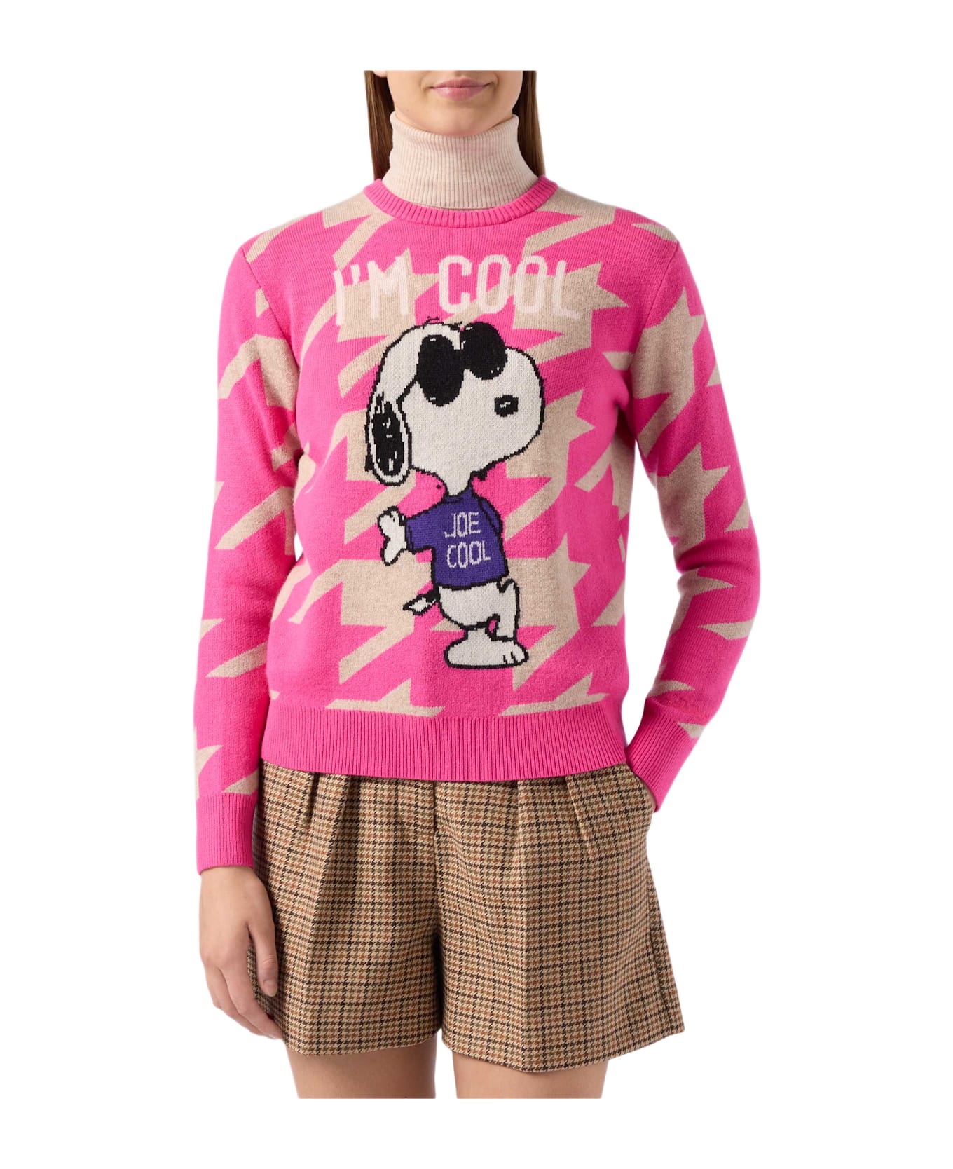 MC2 Saint Barth Woman Pied De Poule Sweater New Queen With Snoopy Jacquard - PINK