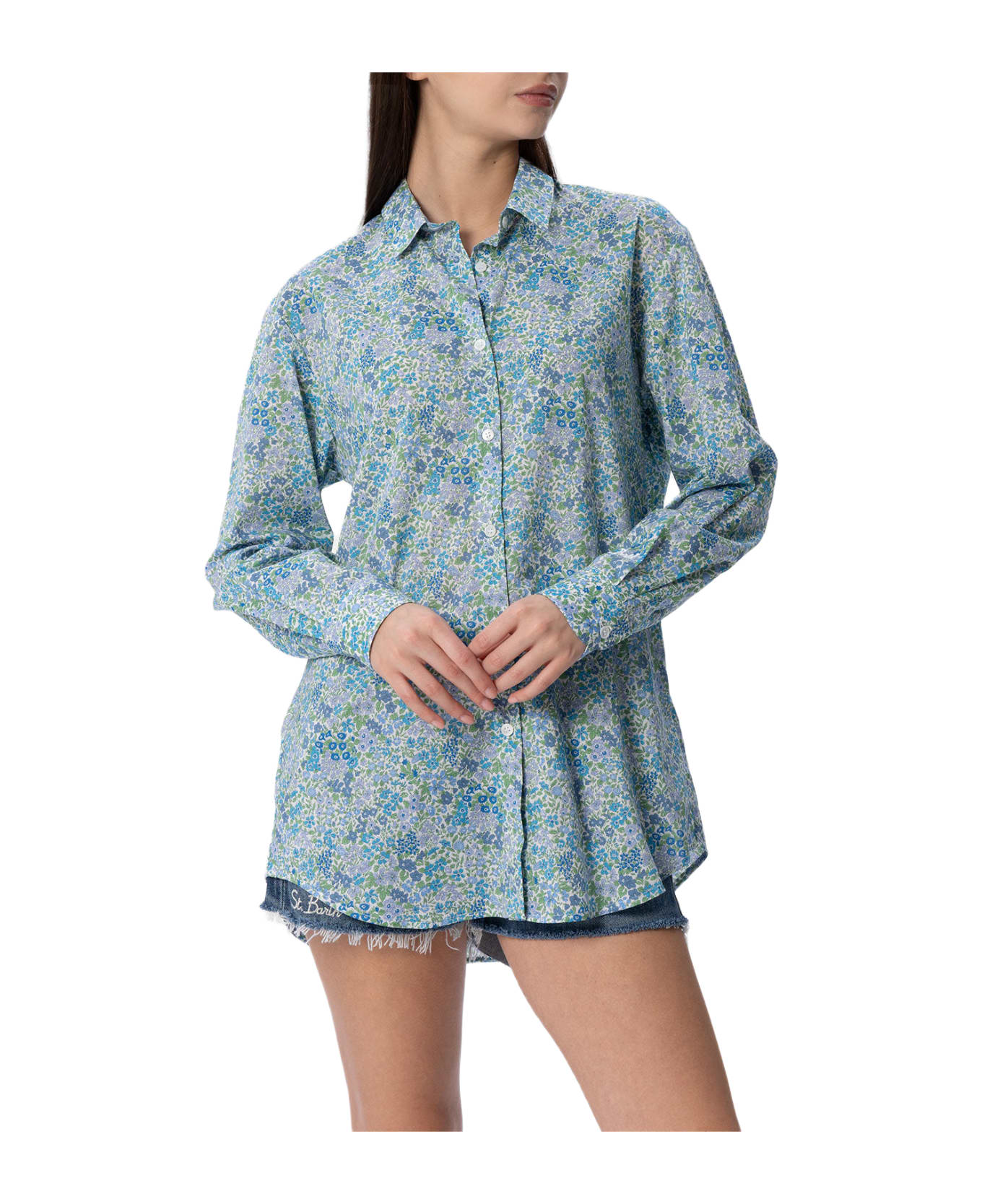 MC2 Saint Barth Woman Cotton Shirt Brigitte With Joanna Luise Print | Made With Liberty Fabric - SKY
