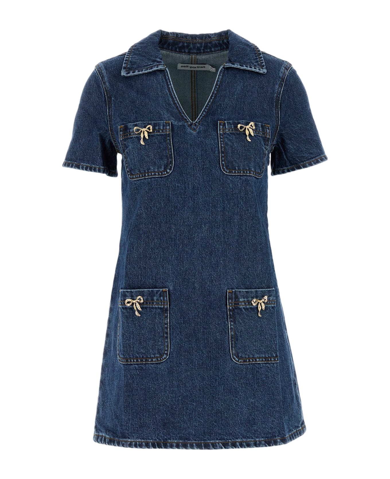self-portrait Crystal Bow Denim Mini Dress - Denim