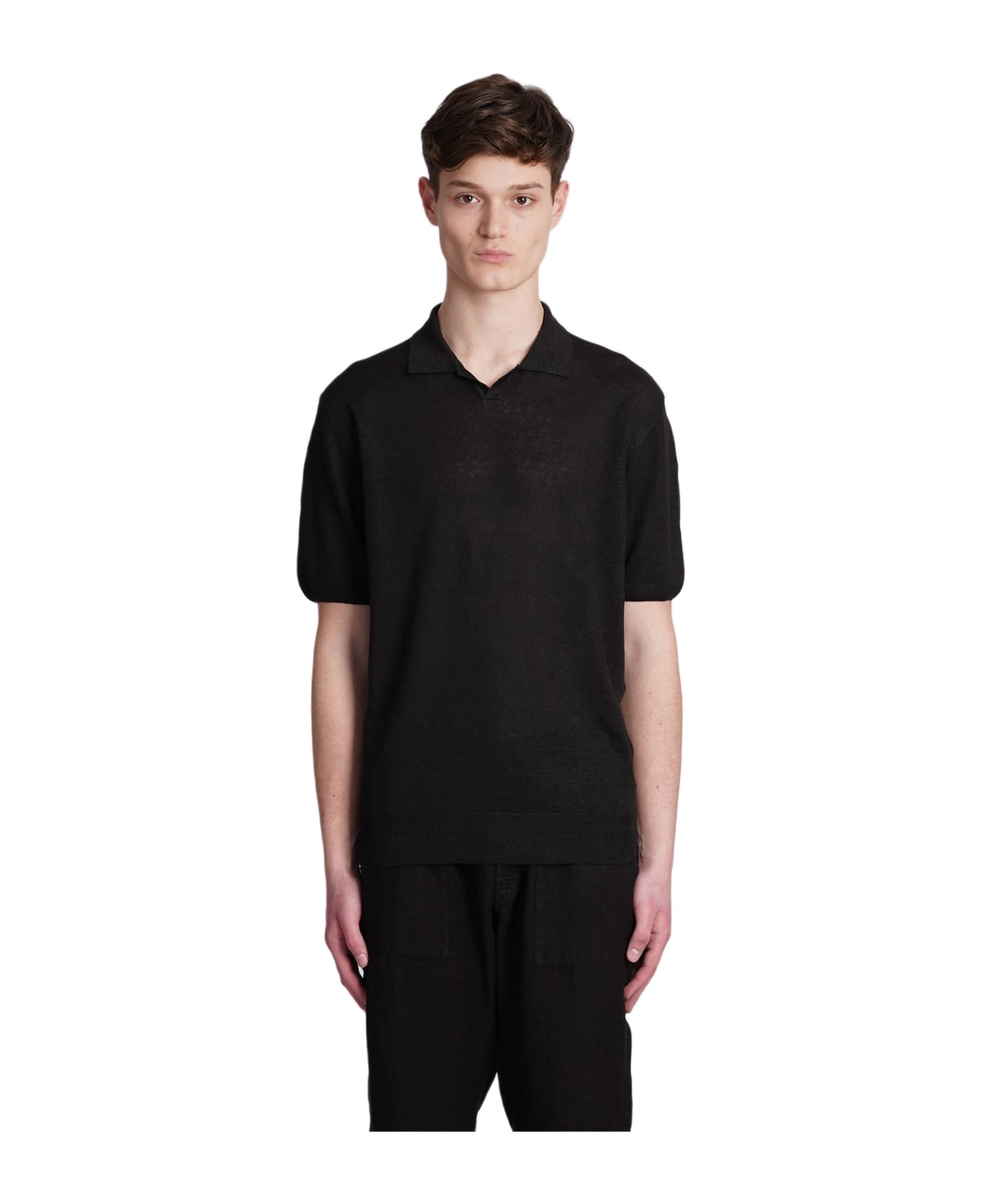 120% Lino Polo In Black Linen - black ポロシャツ
