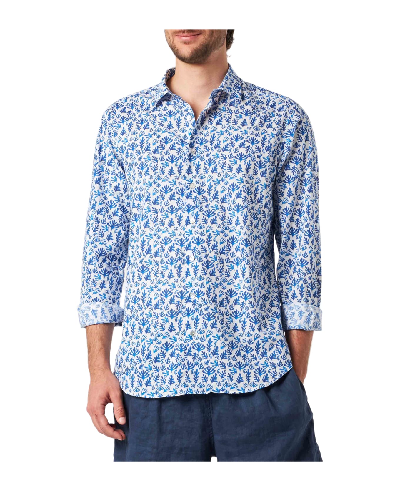 MC2 Saint Barth Man Muslin Cotton Sikelia Shirt With Blue Leaves Print - WHITE