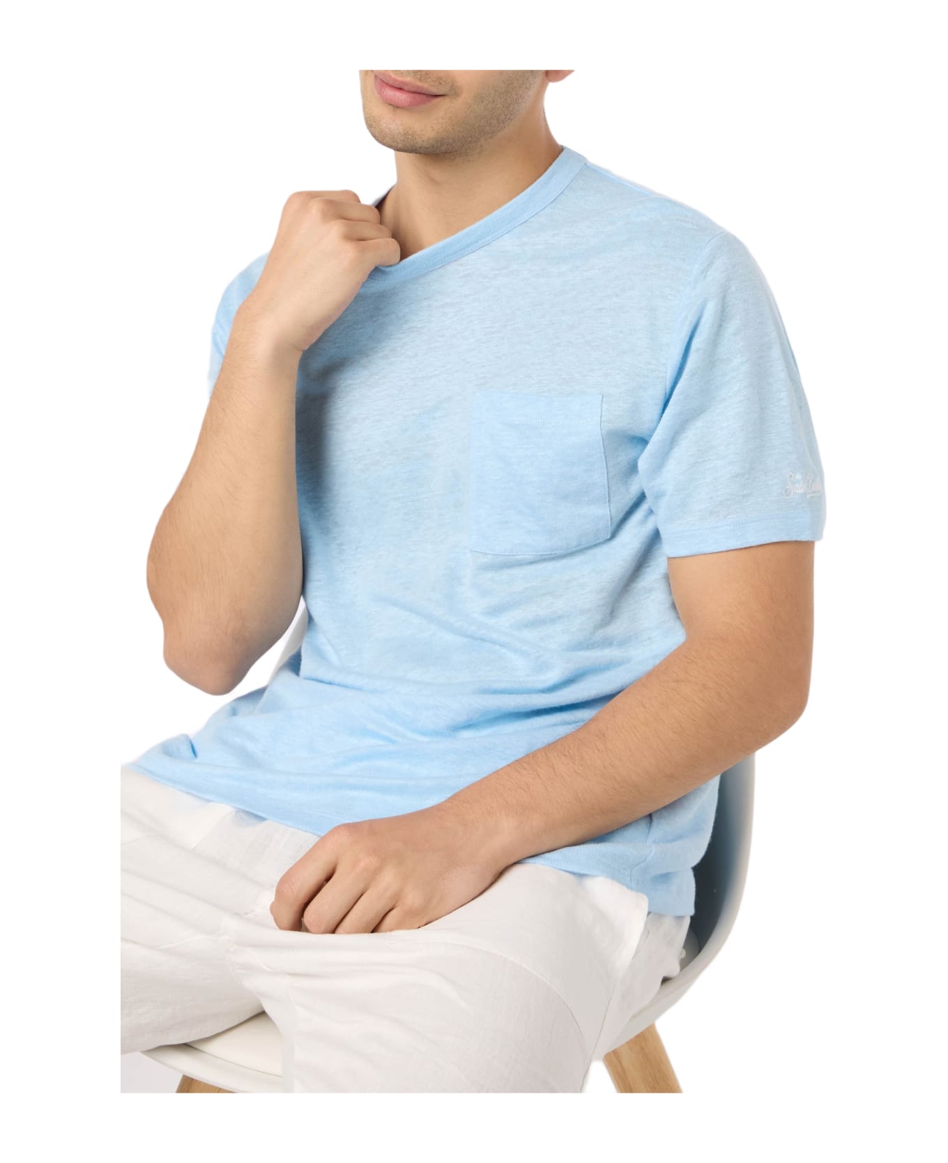 MC2 Saint Barth Man Light Blue Linen Jersey T-shirt Ecstasea With Pocket - SKY