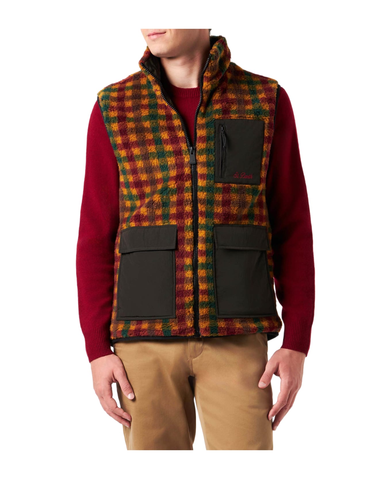 MC2 Saint Barth Man Check Sherpa Vest Jacket With Patch Pockets - BROWN