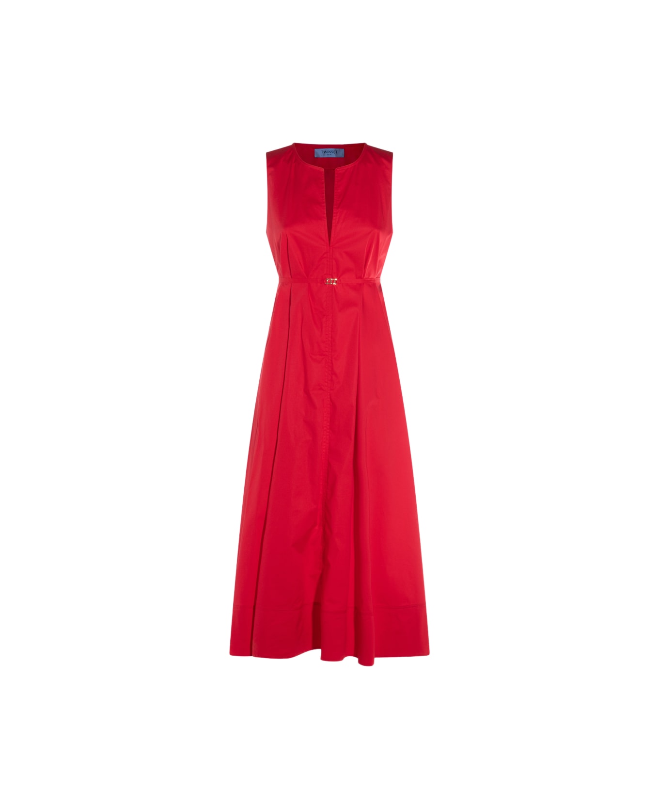 TwinSet Red Coton Midi Dress - HIBISCUS red