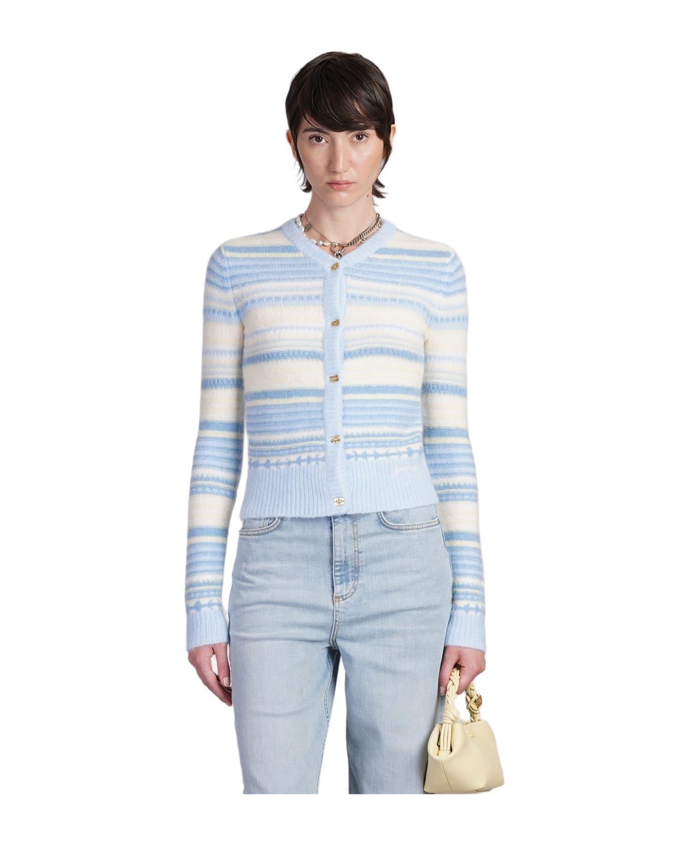 Ganni Cardigan In Cyan Wool - cyan