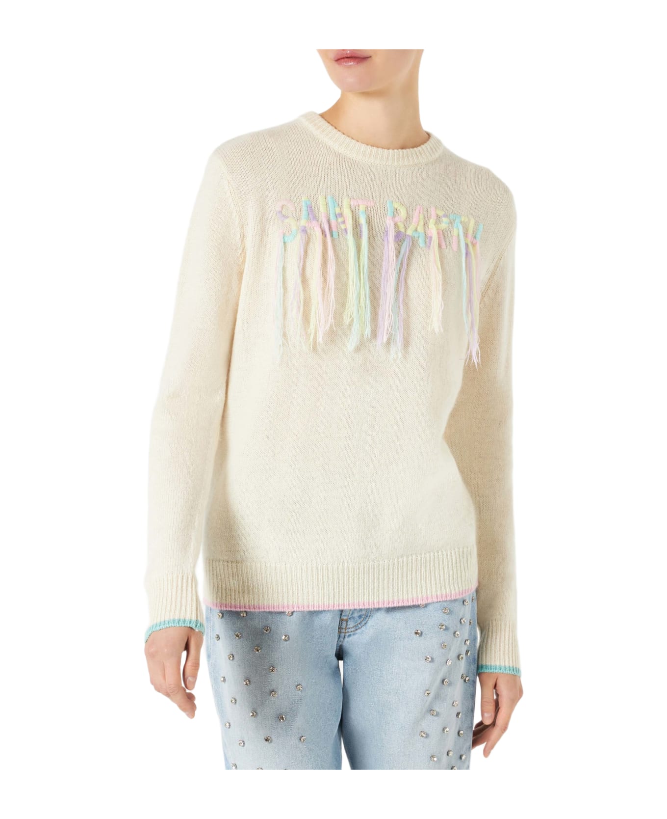 MC2 Saint Barth Woman Brushed Sweater With Saint Barth Fringed Embroidery - WHITE