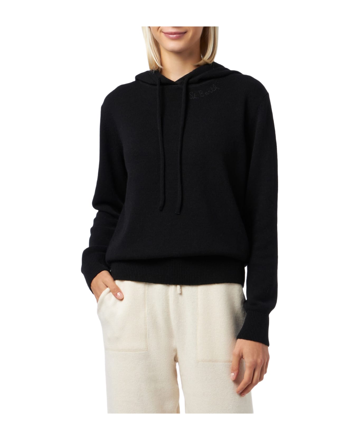 MC2 Saint Barth Woman Black Knitted Hoodie With St. Barth Embroidery - BLACK